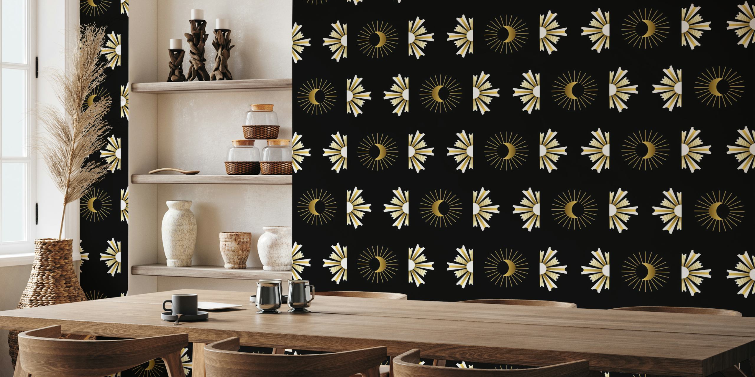 Art Deco-style sunburst pattern on a dark wall mural