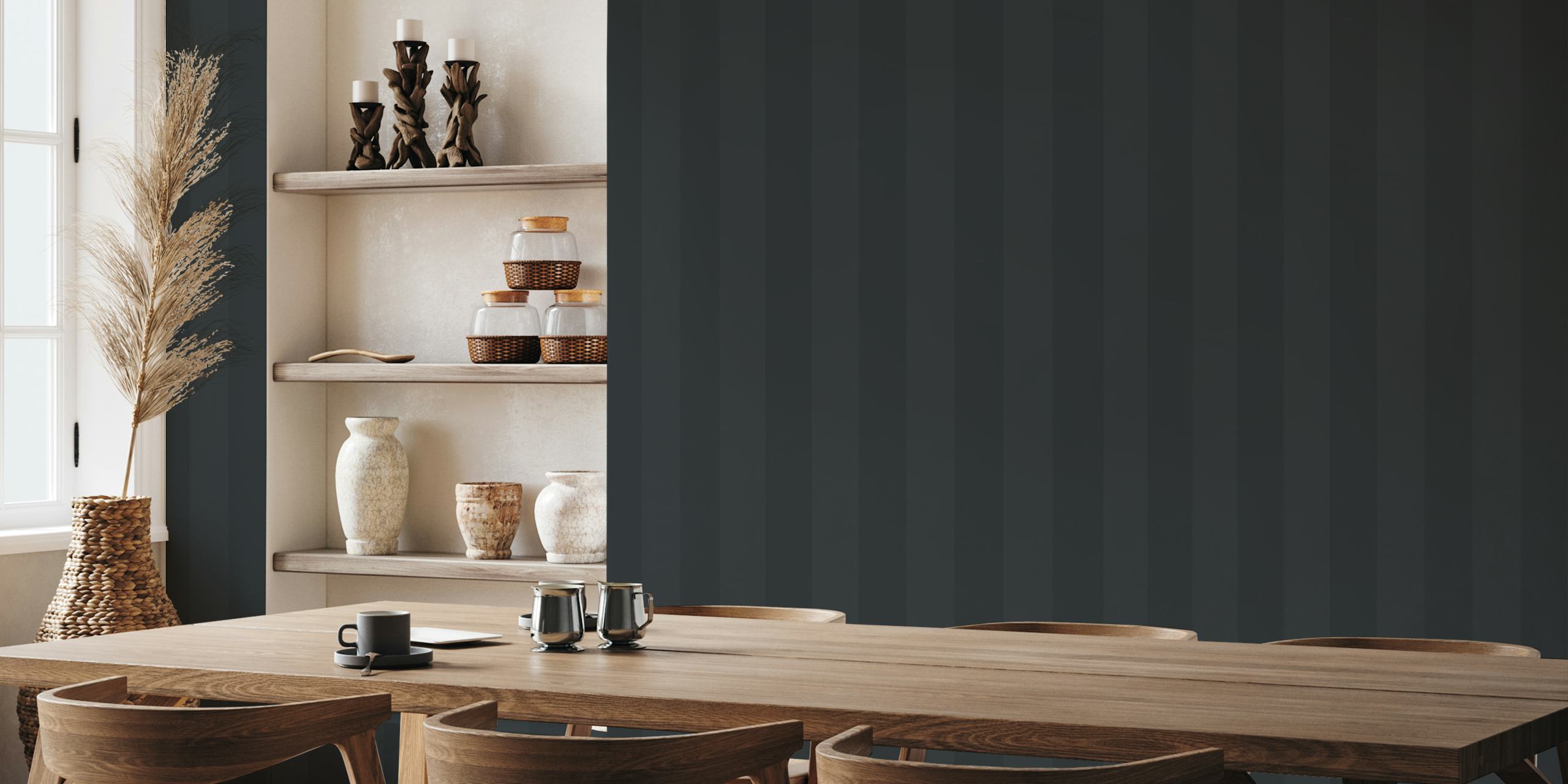 Teal and grey classic stripes wallpaper in a room