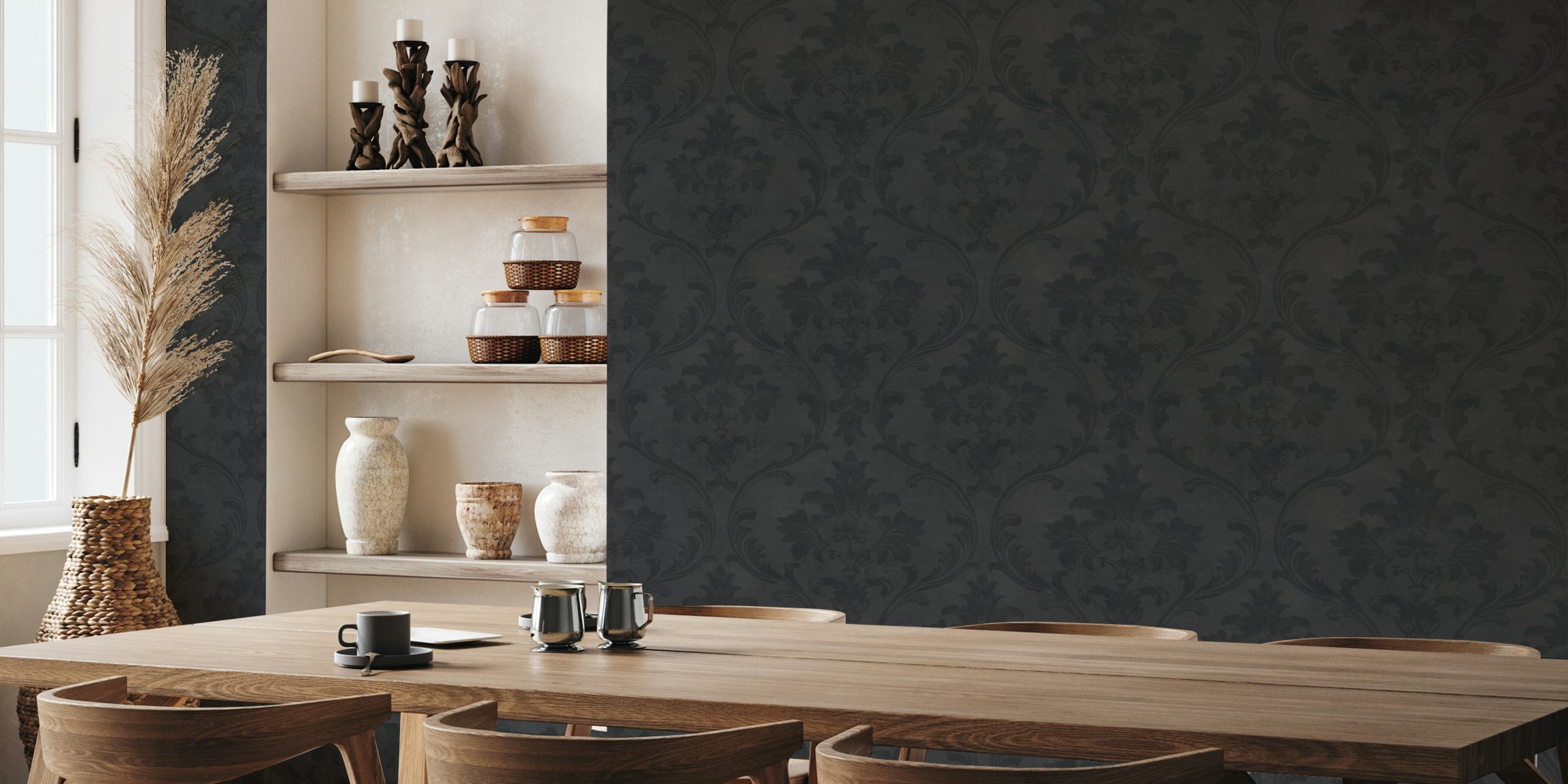 Faded Elegance Regency Damask Dark Grey carta da parati in una stanza
