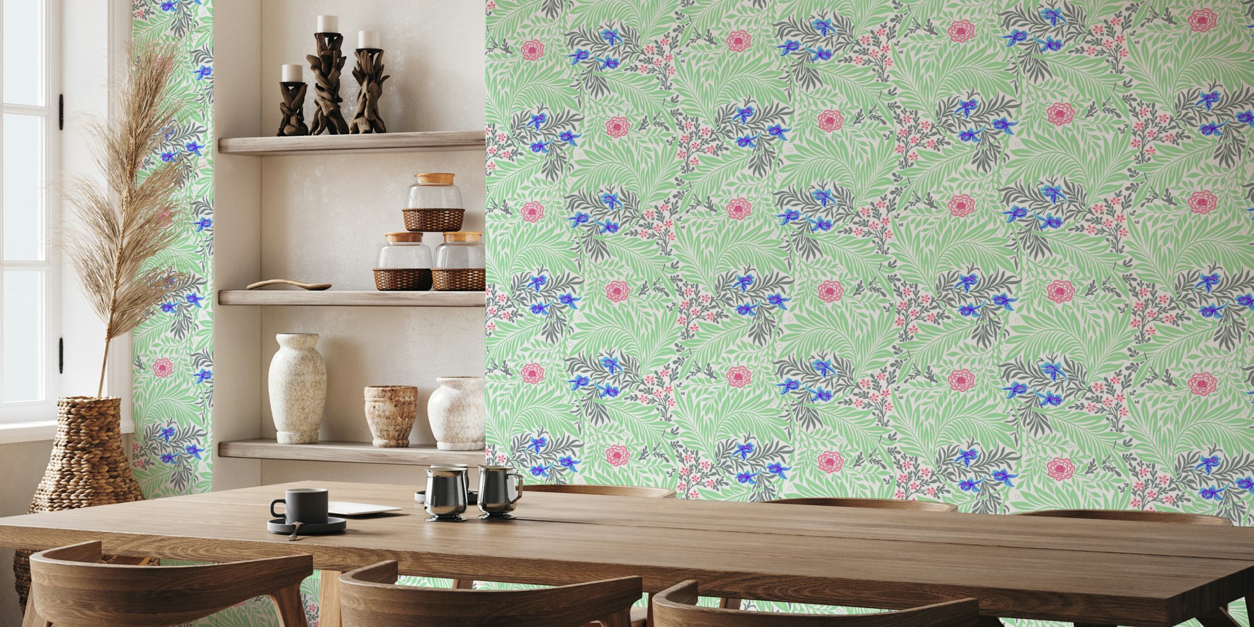 Floral design with green leaves, pink and blue flowers, vintage style wallpaper