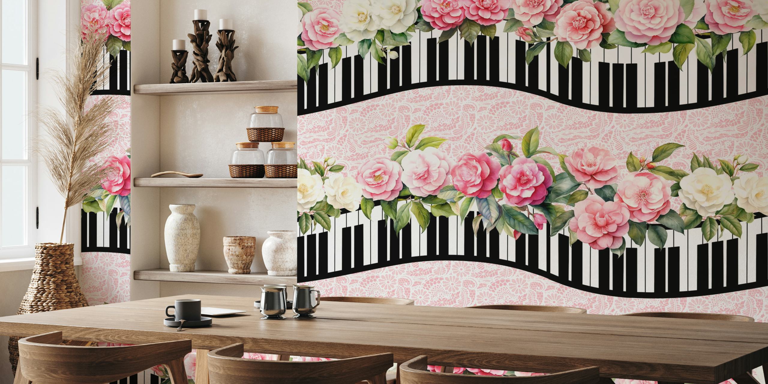 Vintage piano toetsen met bloemen golf behang ontwerp