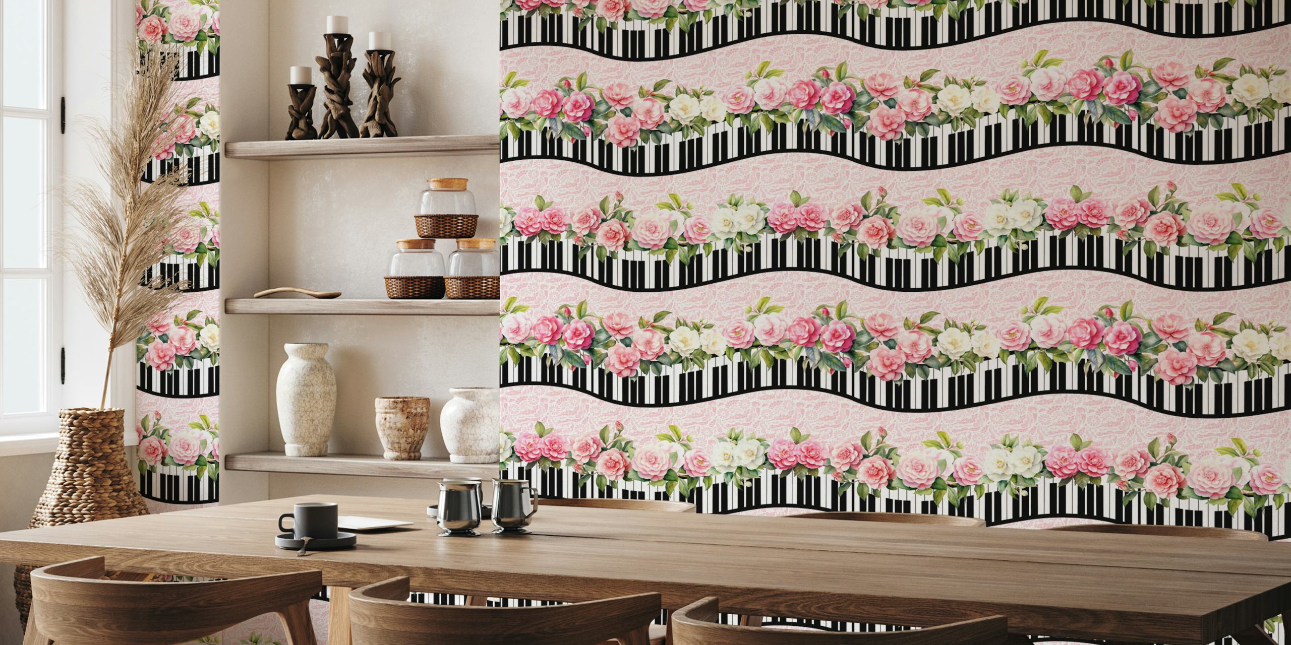 Floral pink and white roses with black piano keys wallpaper