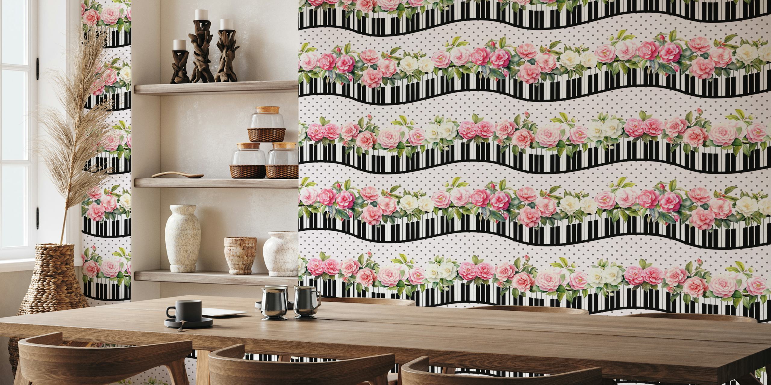 Shabby Chic piano keyboard waves wallpaper design