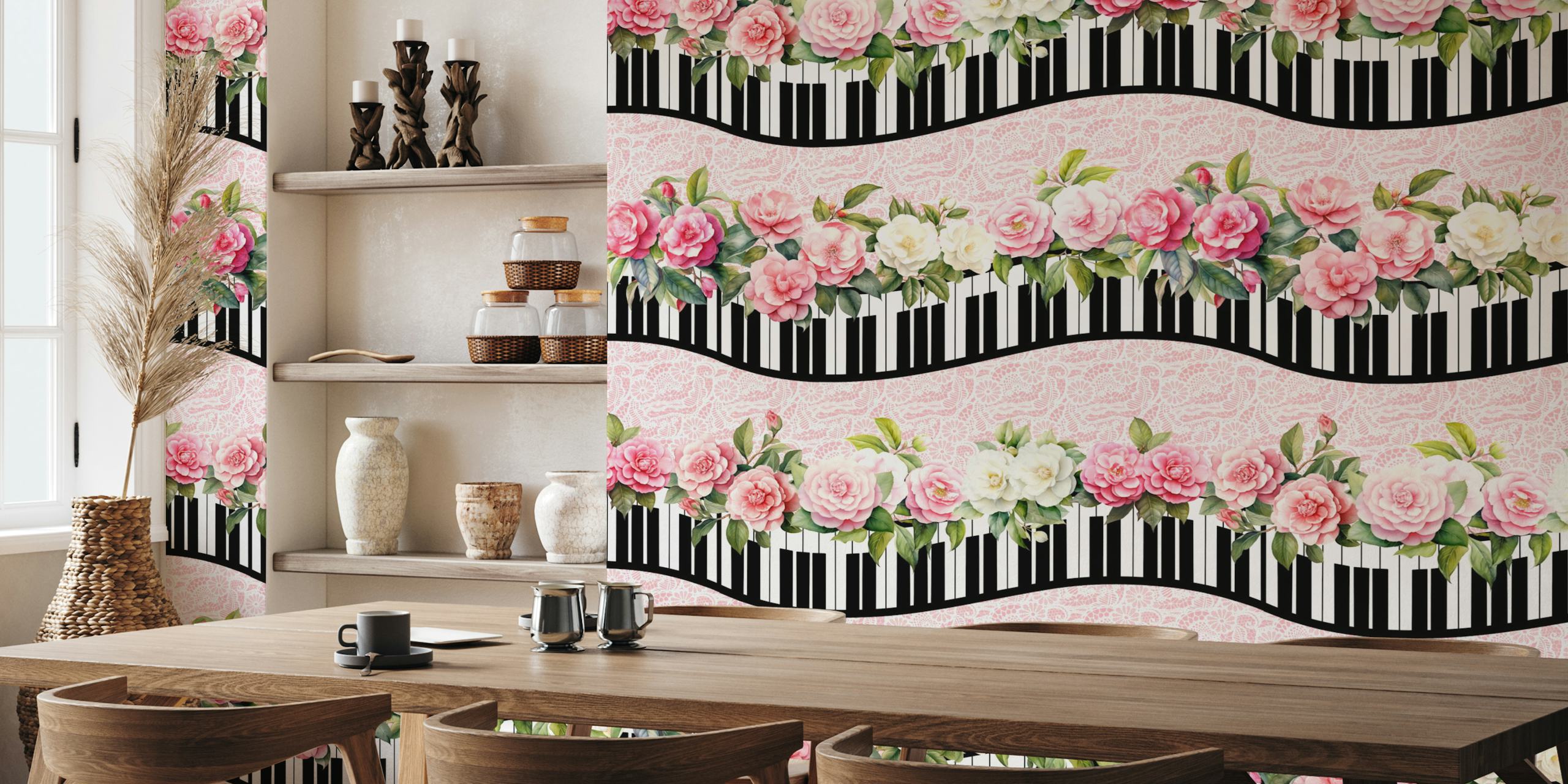 Floral pink and white roses with black piano keyboard wallpaper