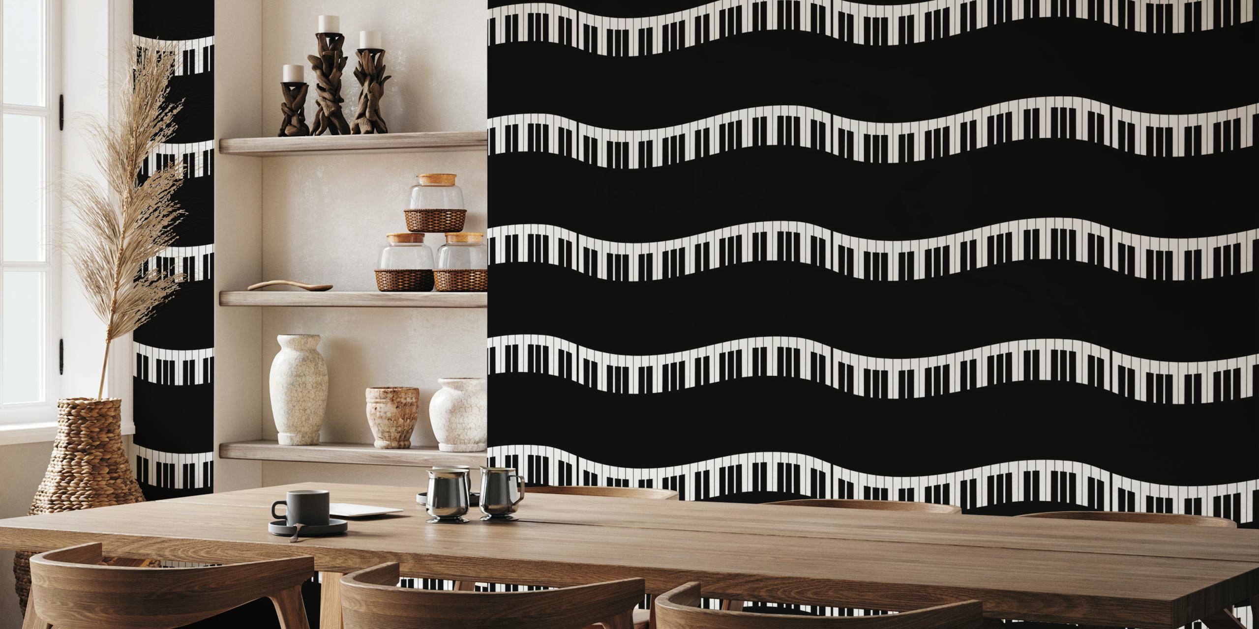 Black and white piano keyboard wallpaper design with wavy patterns
