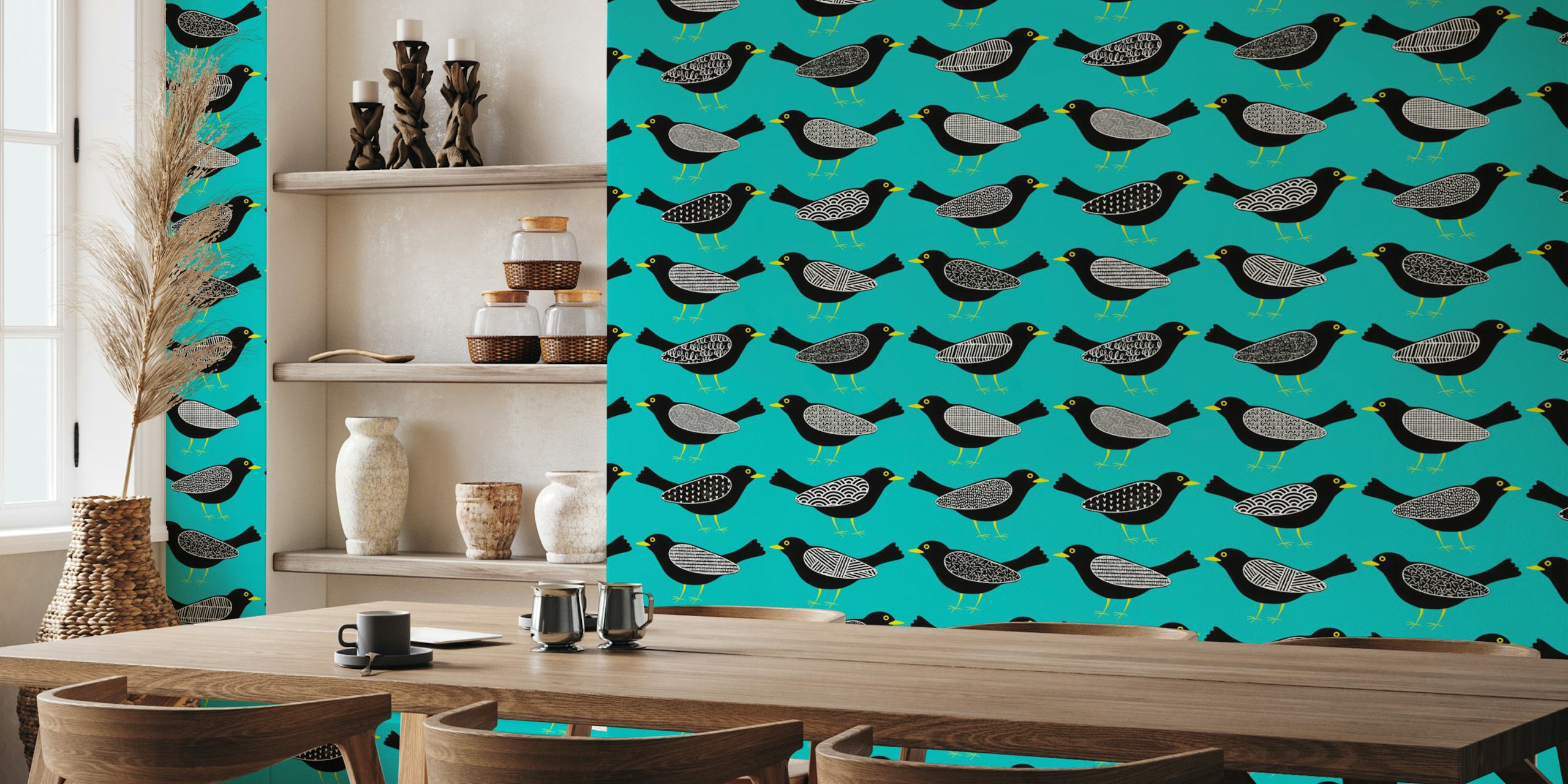 Colorful blackbirds with patterns on robin egg blue wallpaper