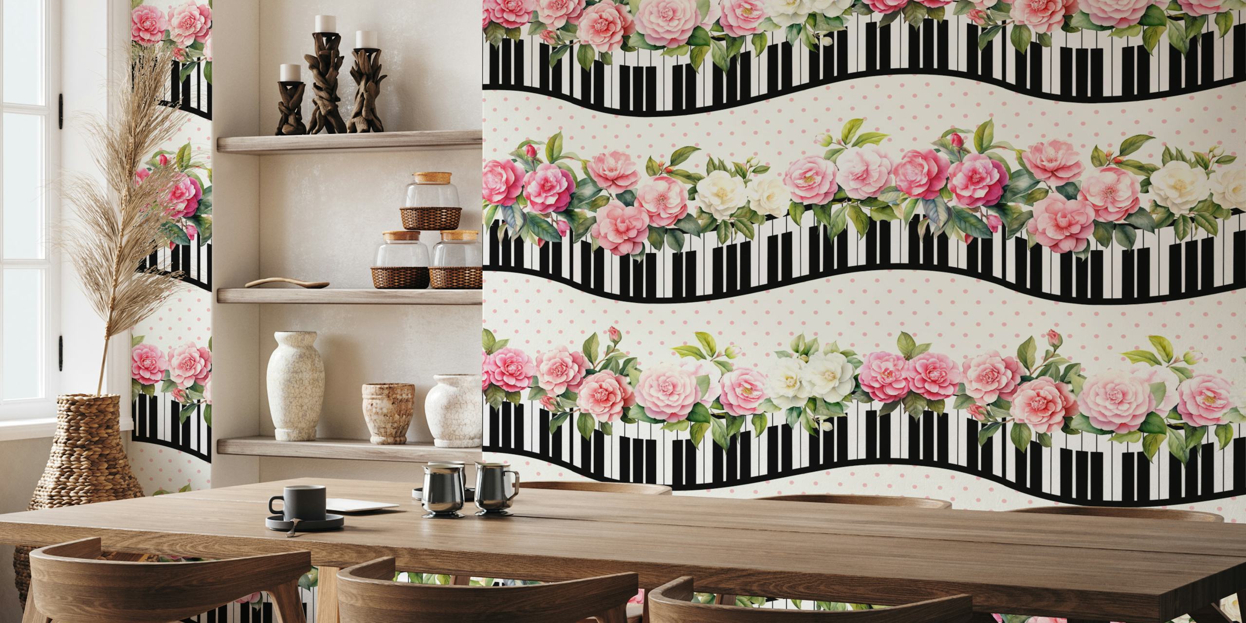 Shabby Chic wallpaper with piano keys and flowers