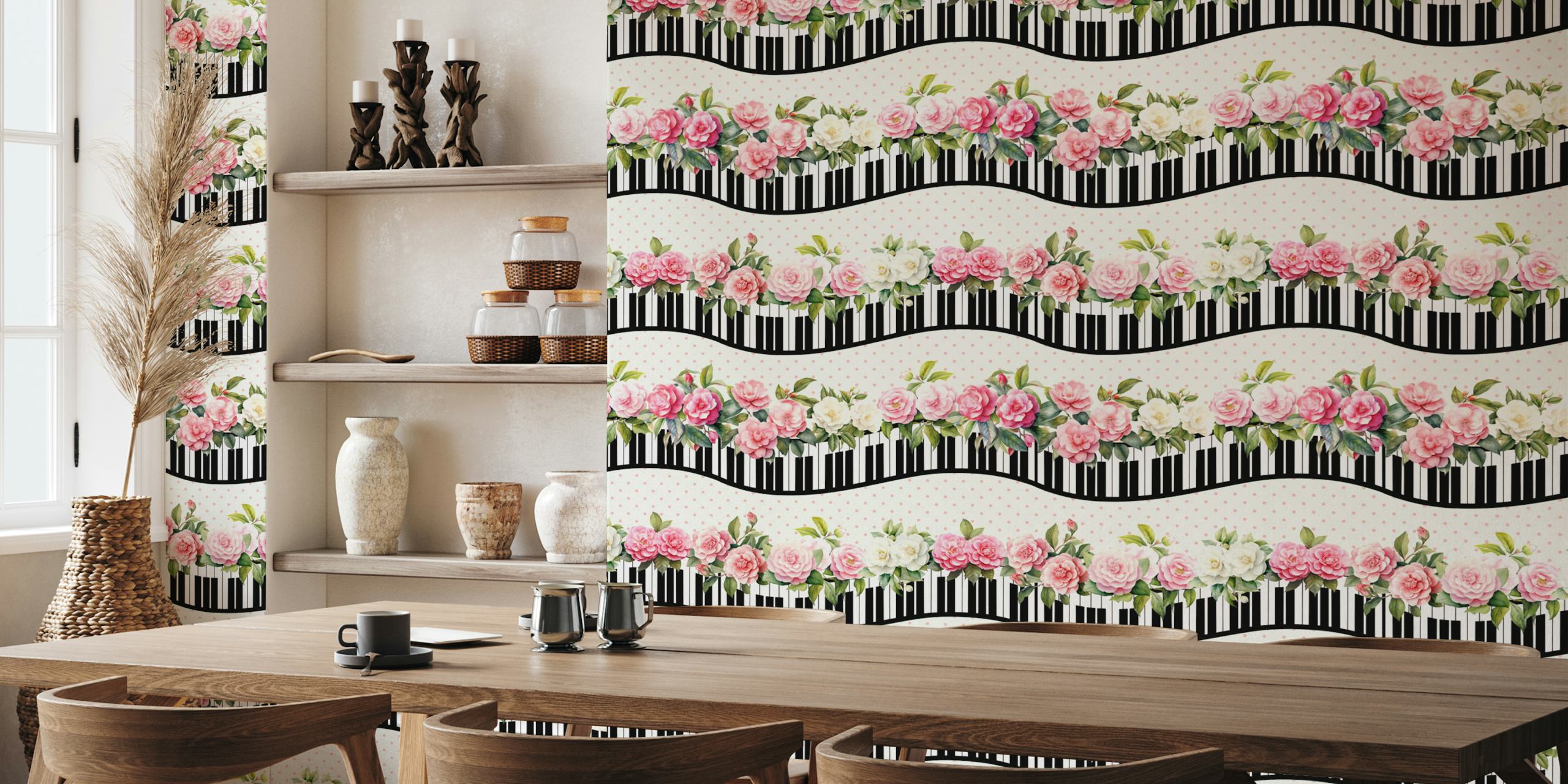 Shabby Chic piano keyboard waves wallpaper in a room