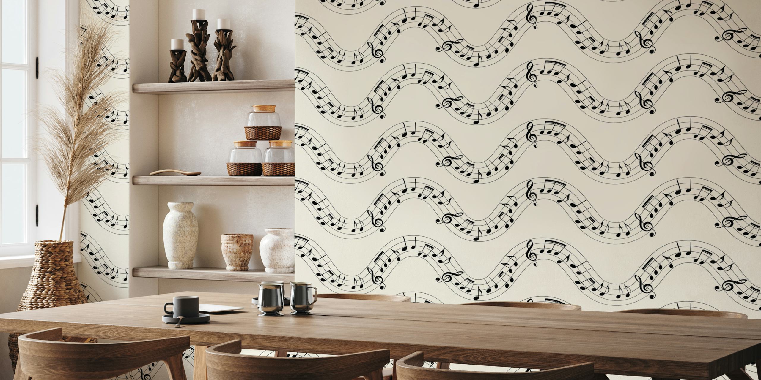 Musical notes forming wavy lines on a maroon background wall mural