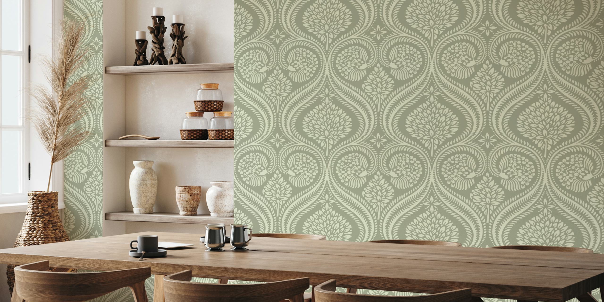 Elegant sage green Florence damask pattern wall mural