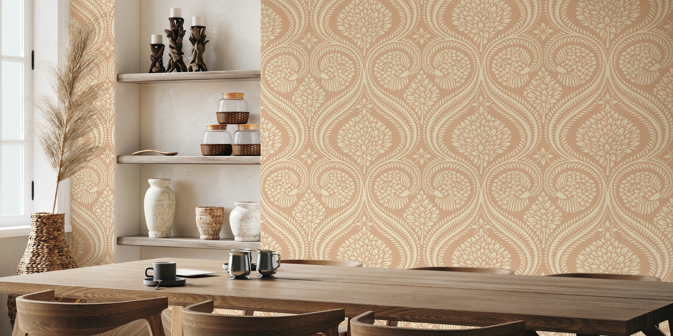 Florence Damask wall mural in nude tones with large-scale pattern