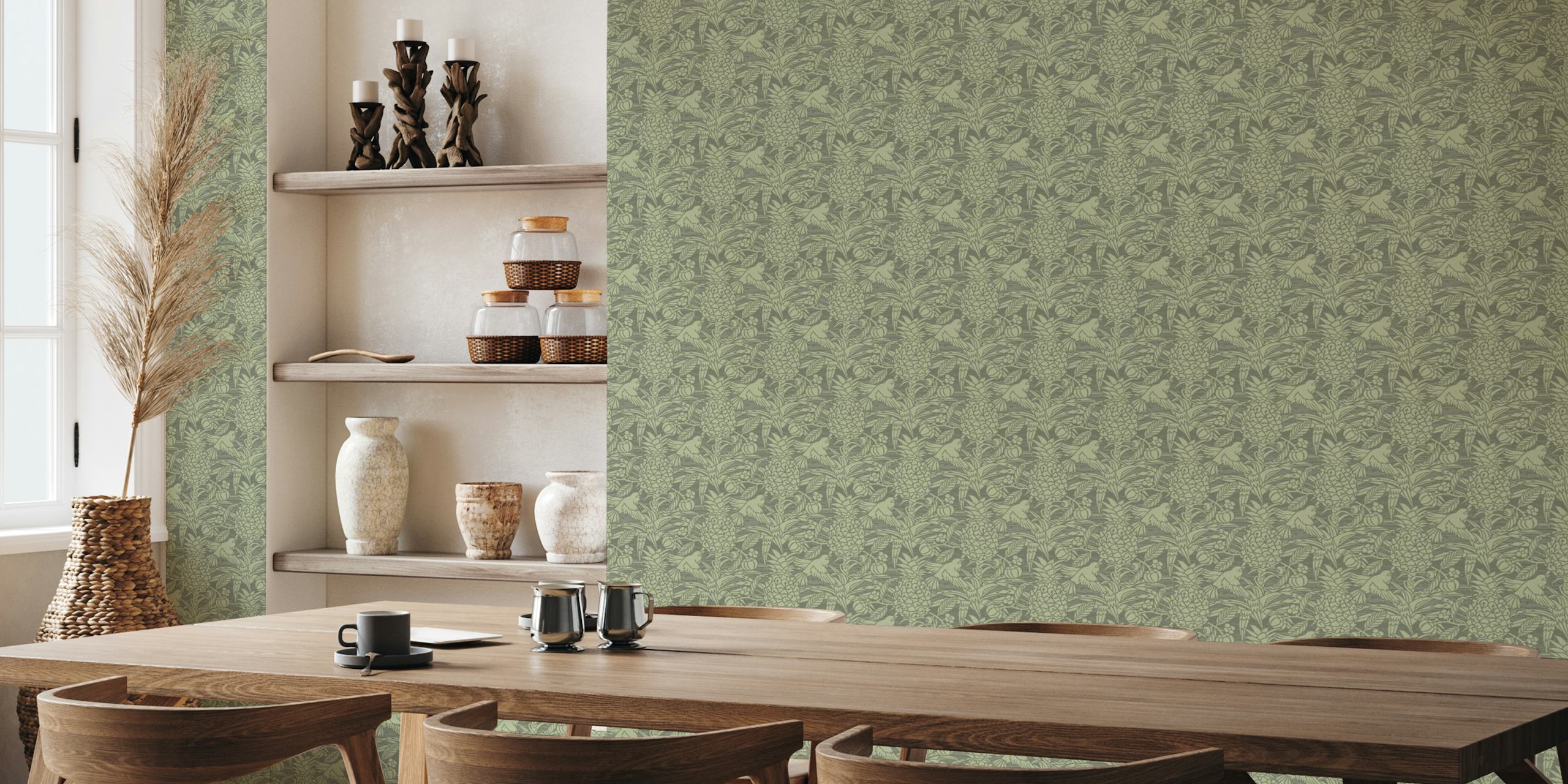 Tropicana damask wall mural in dark sage with small-scale tropical pattern