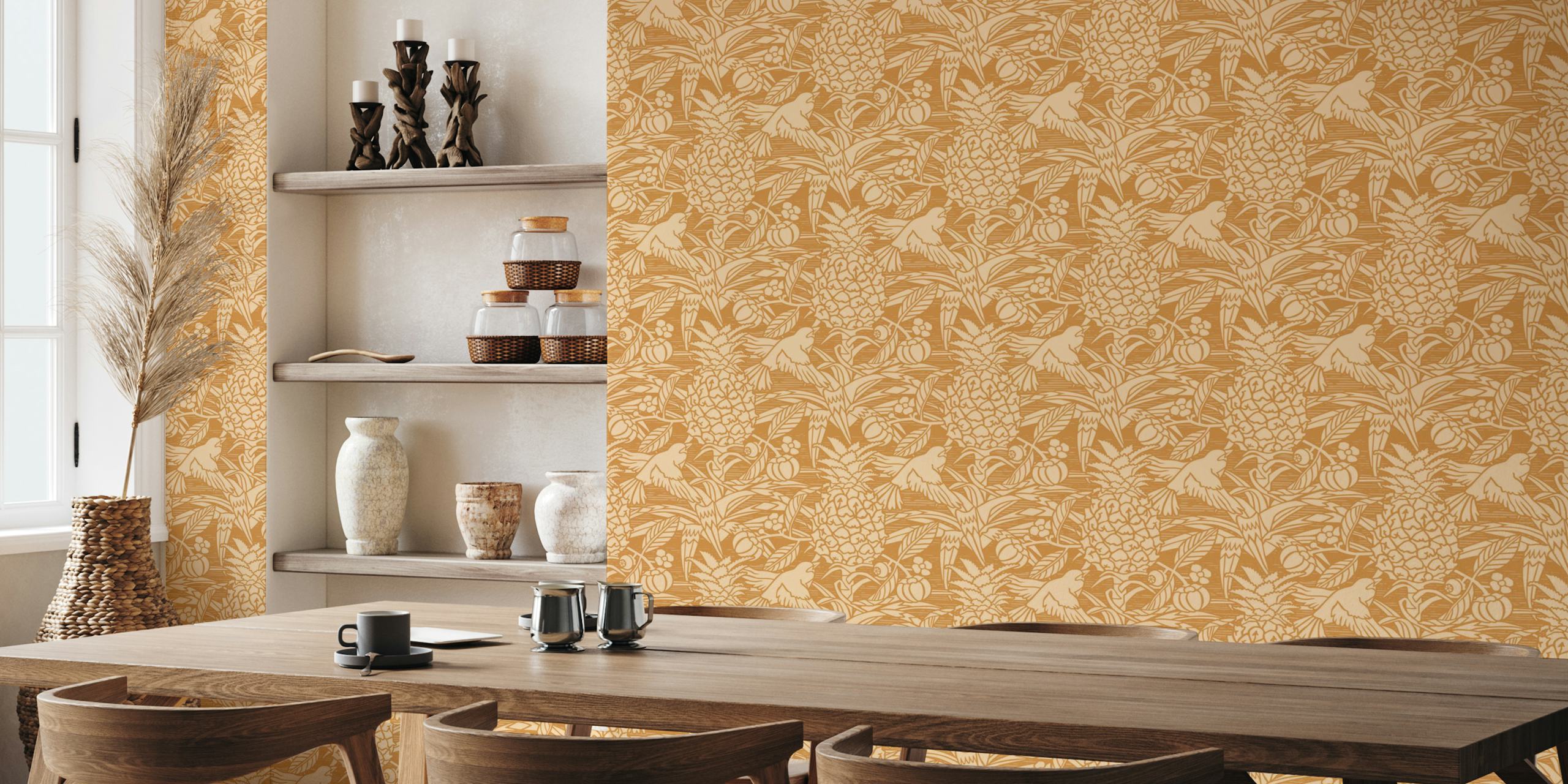 Gold Tropicana damask wallpaper in a room
