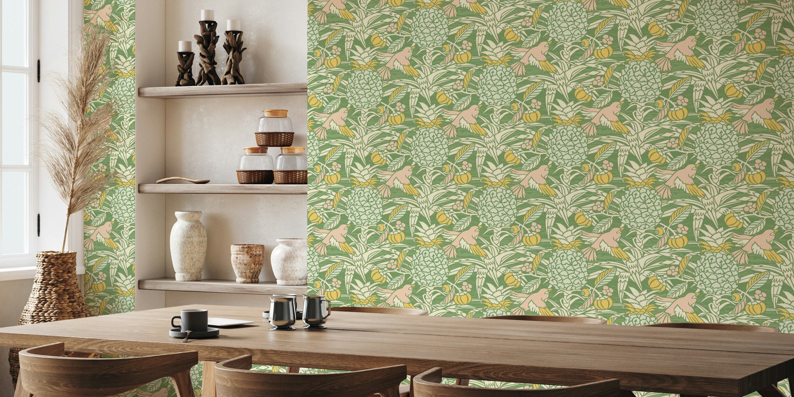 Tropical pineapple and bird motif in green, pink, and yellow wallpaper