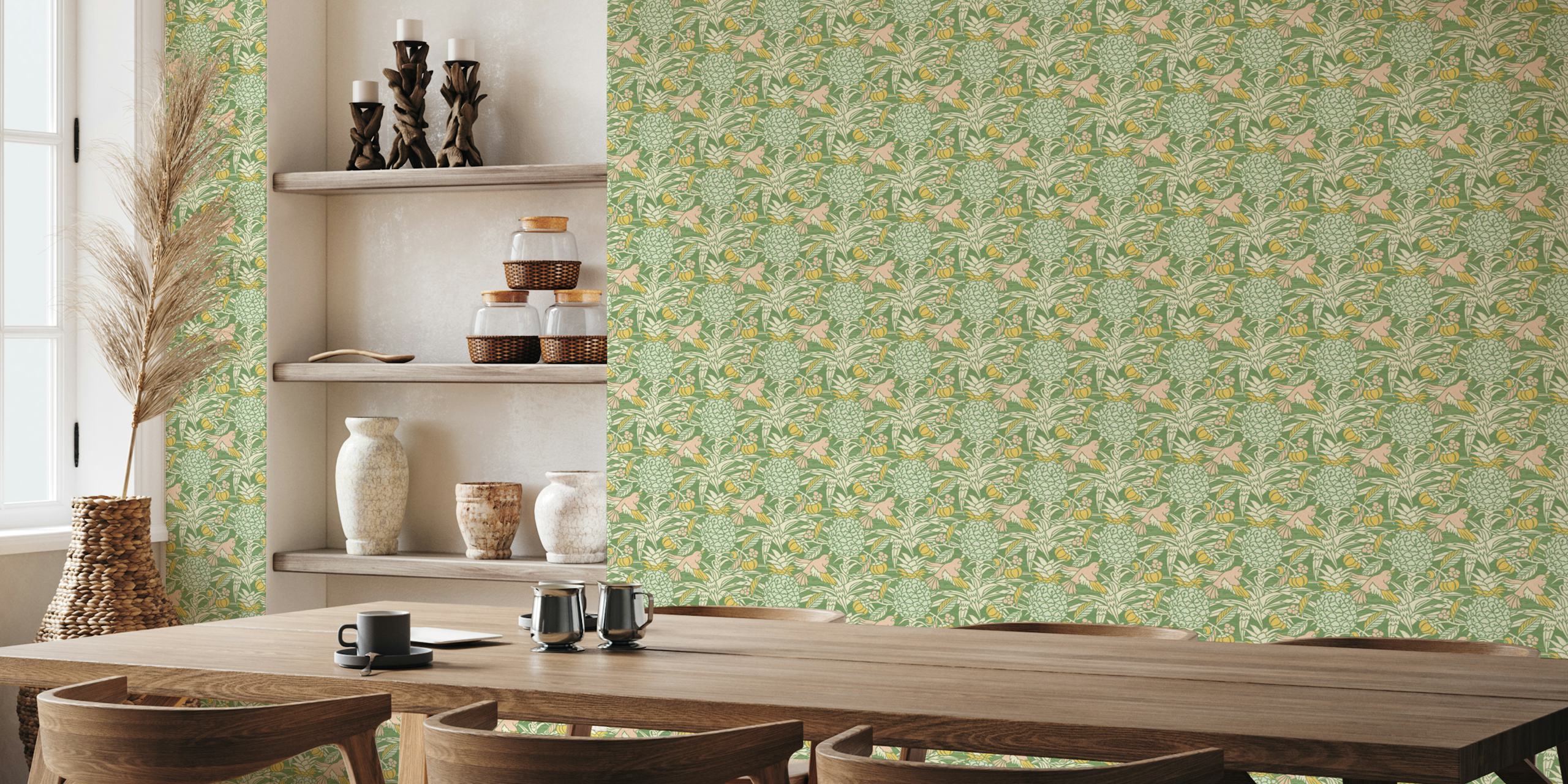 Tropical Damask Wall Mural with Green Motifs
