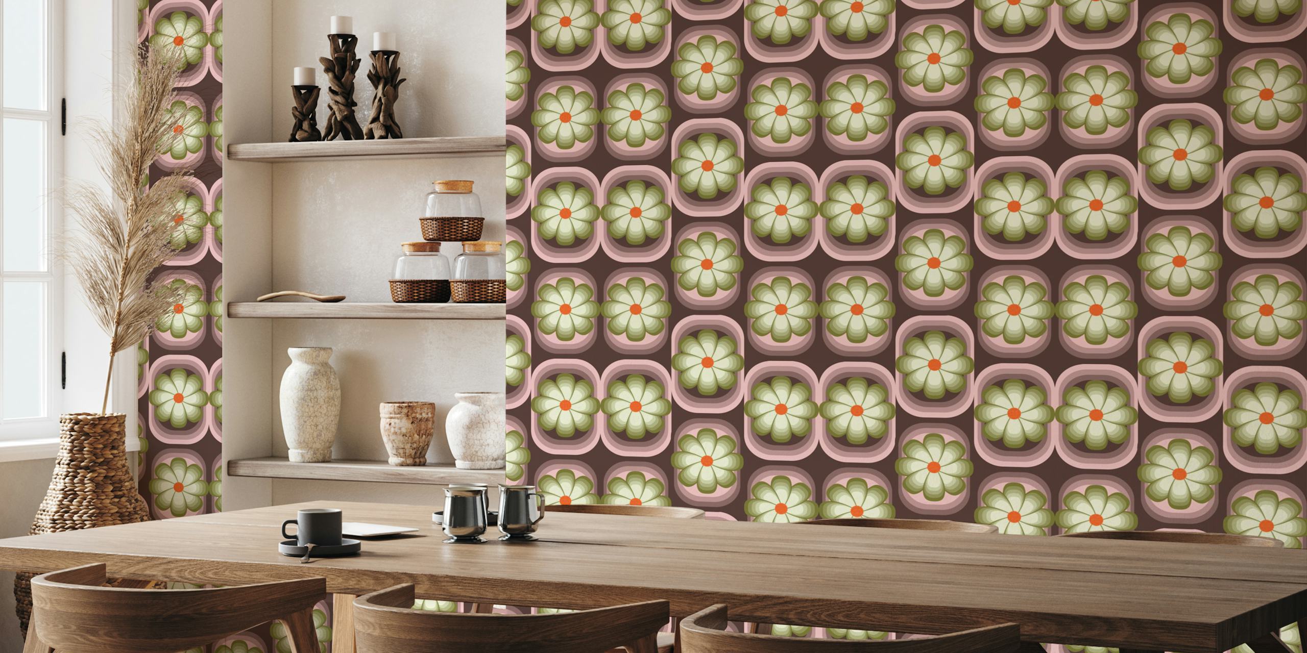 Retro 70s flowers wallpaper in a room