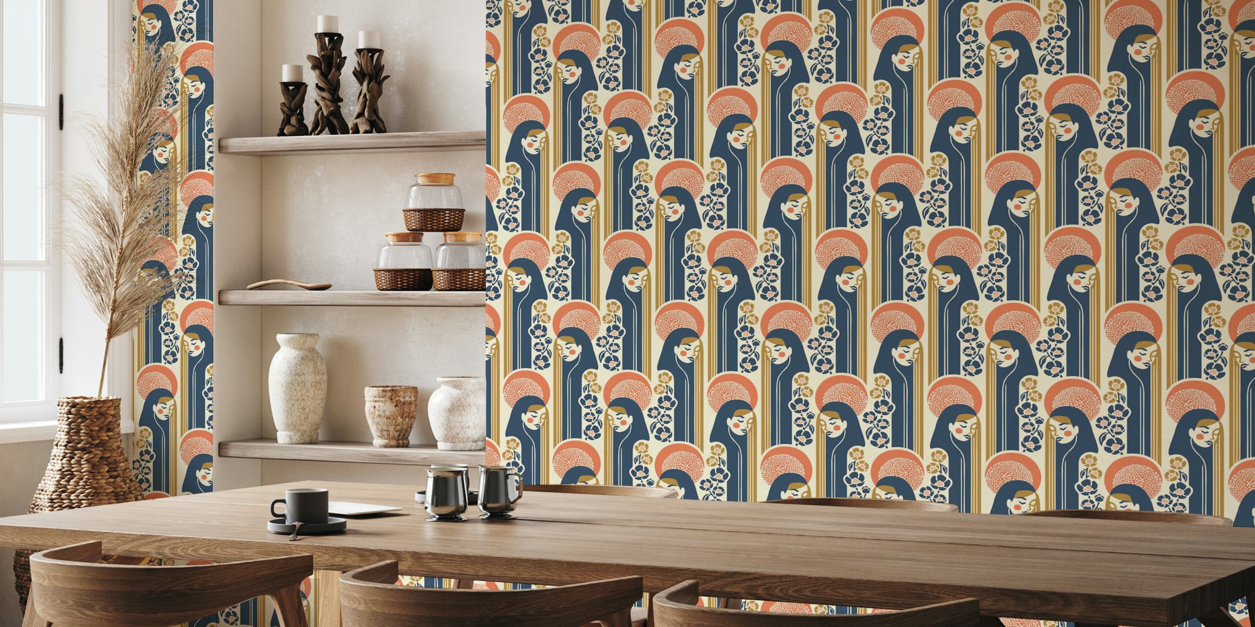 Artistic wall mural of Flora, the goddess of flowers, with a 50 cm pattern repeat