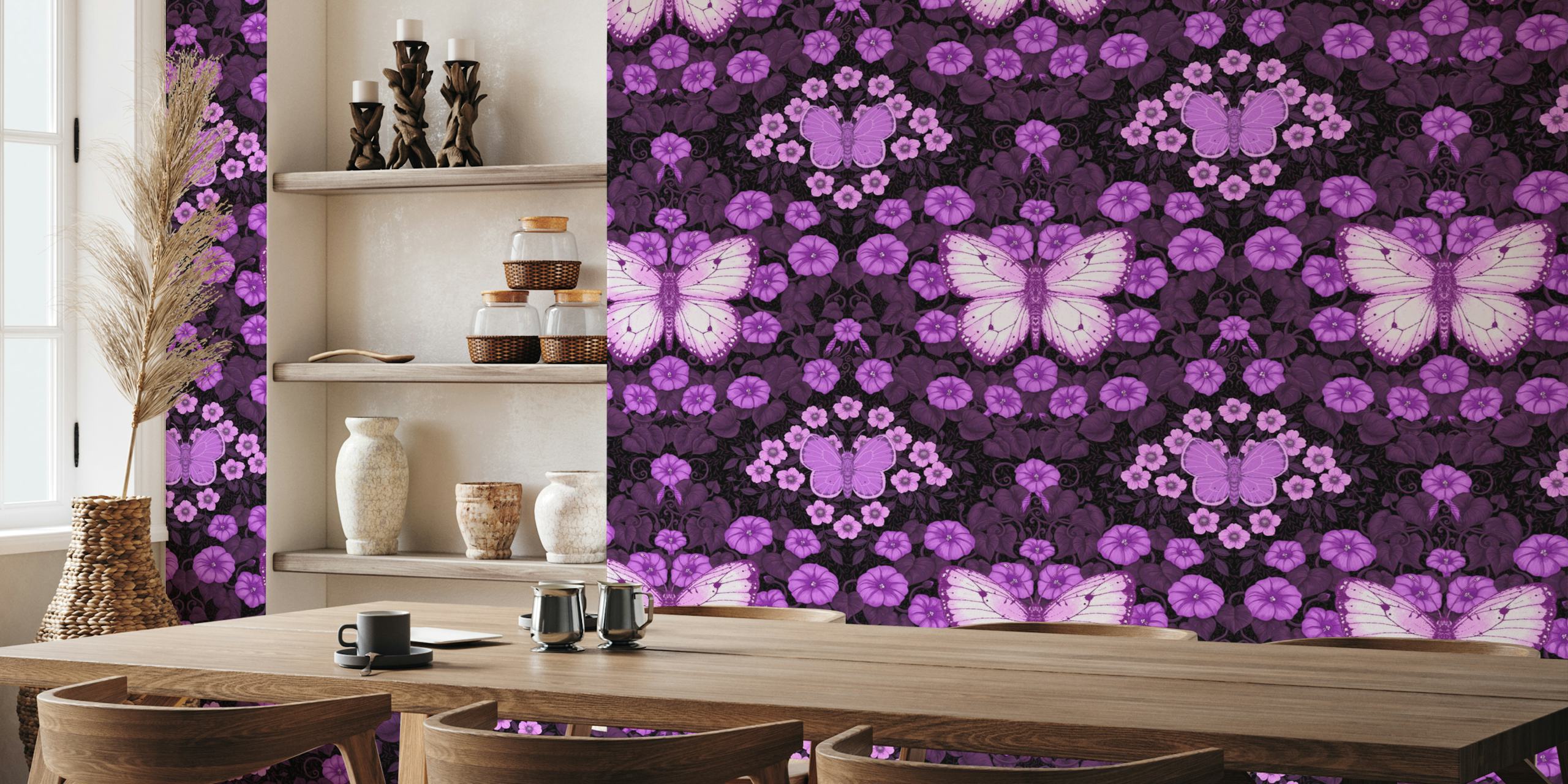 Butterflies and flowers symmetry wallpaper in a room