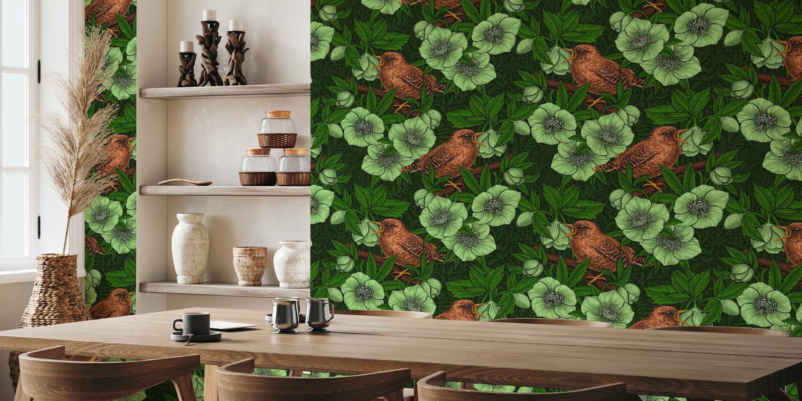 Wren and hellebore papel de parede em um quarto