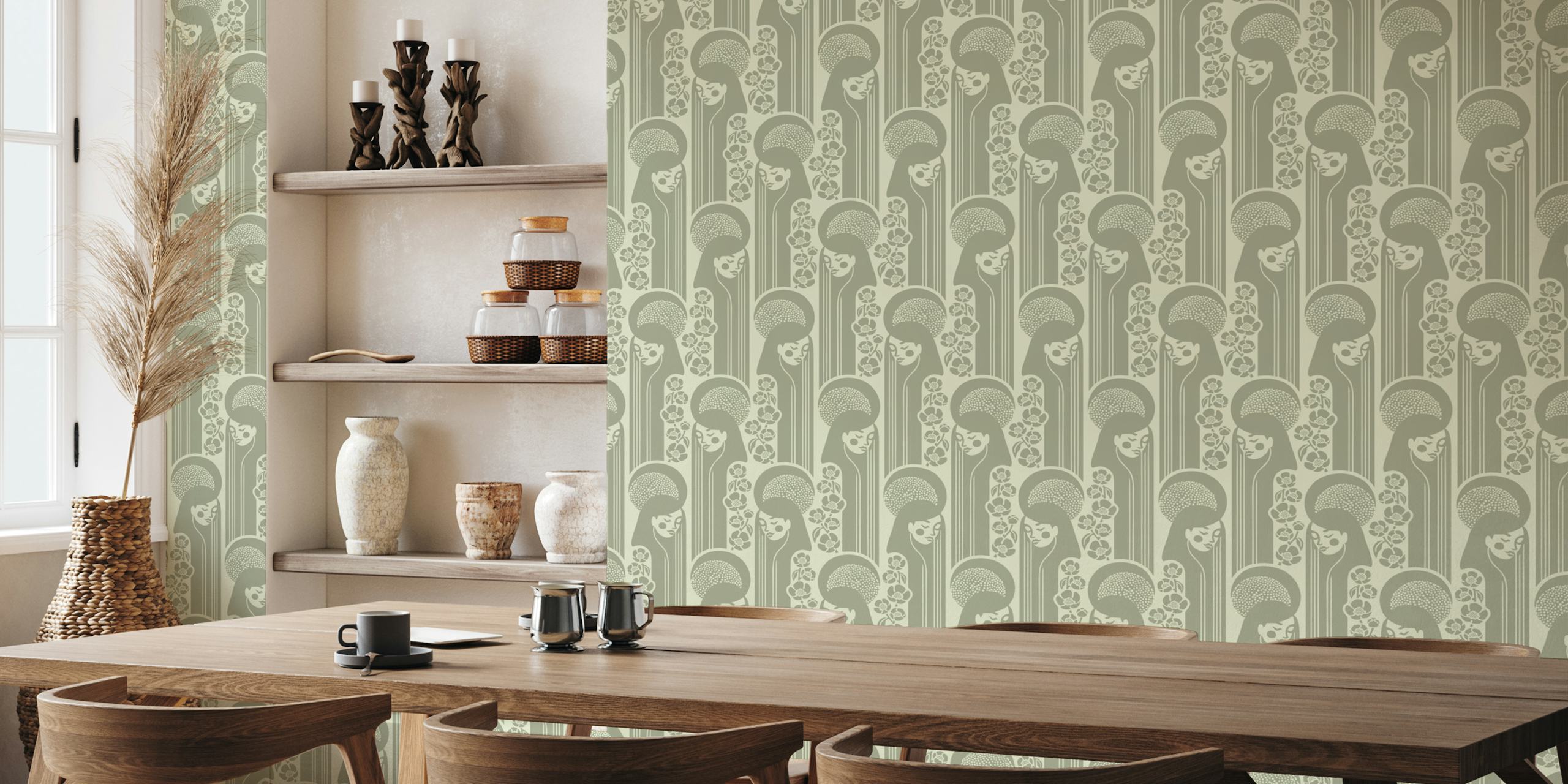 Floral goddess design with sage tones in vintage style wallpaper