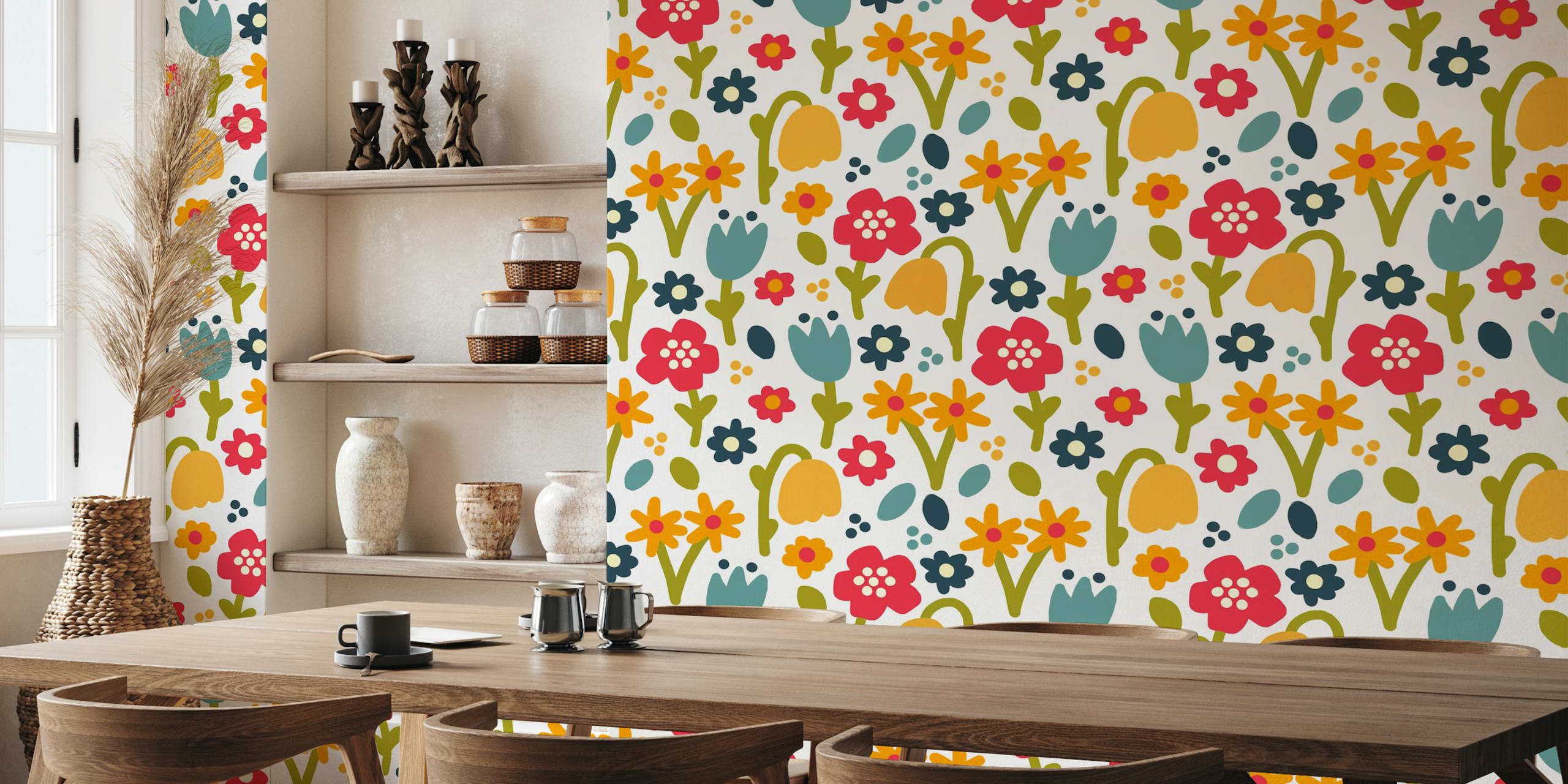 Playful meadow bright floral wallpaper in a room