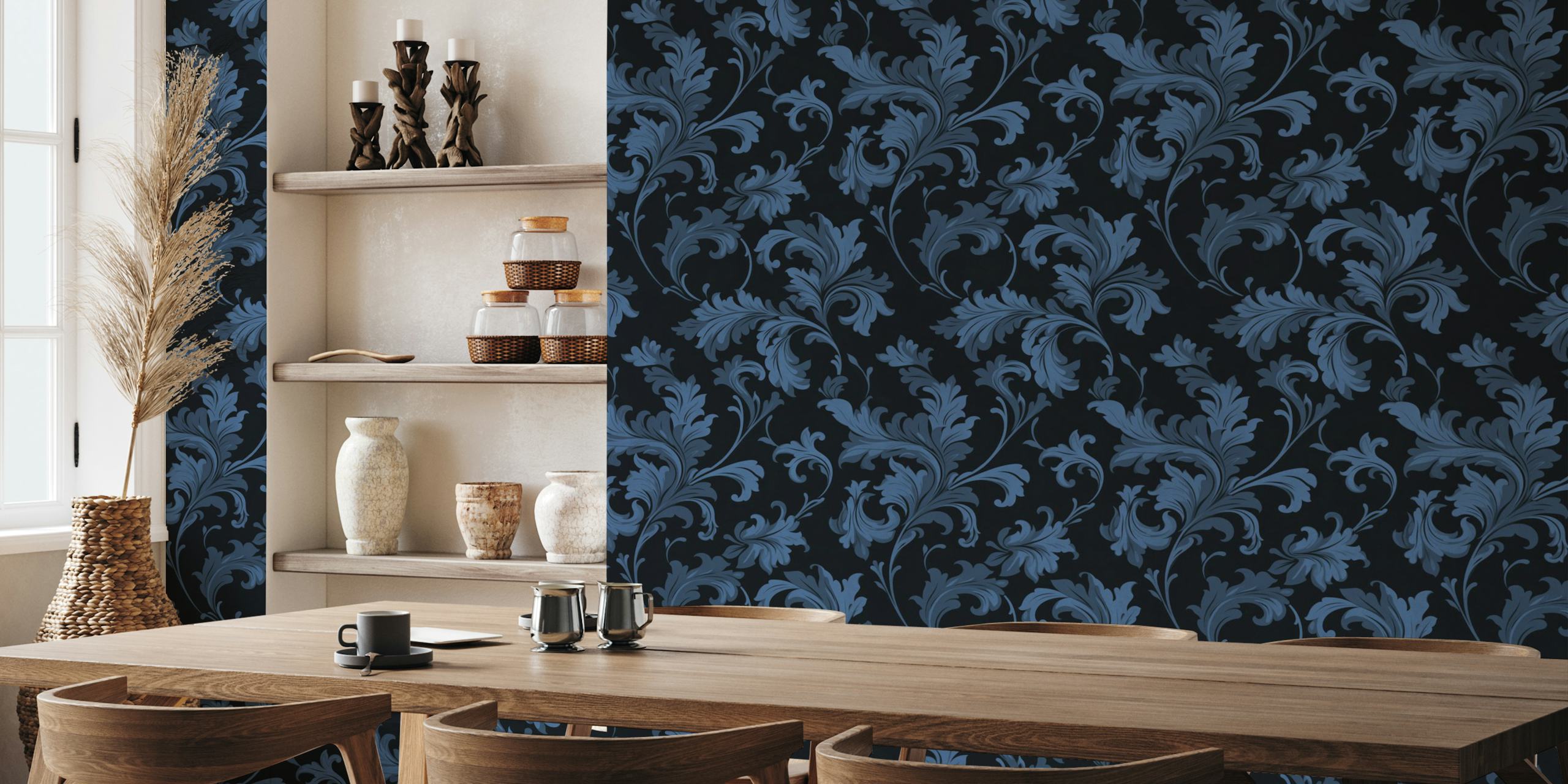 Floral swirls in royal midnight blue on dark background wallpaper
