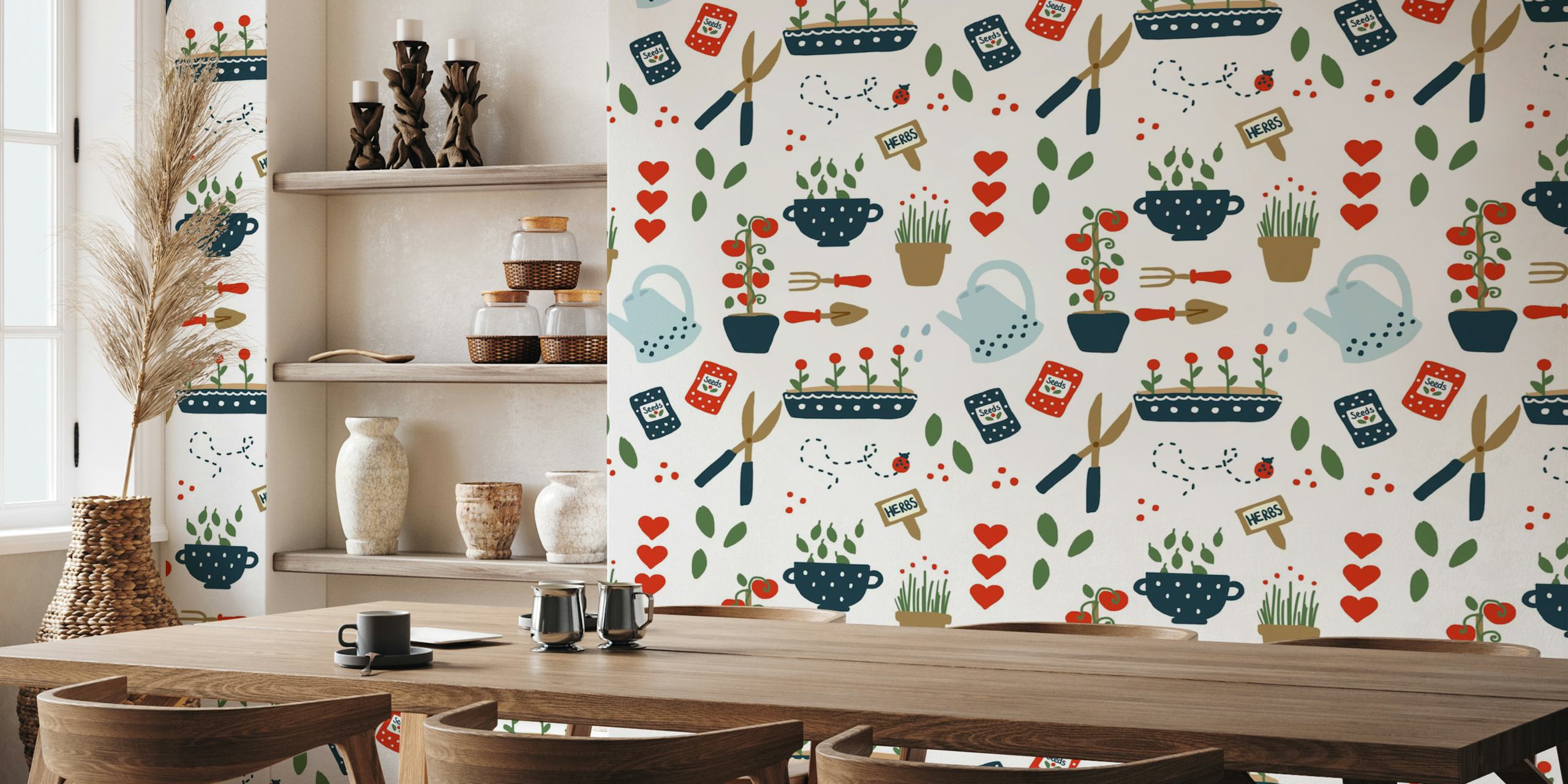 Playful illustration of garden tools, potted herbs, and gardening elements on a wall mural
