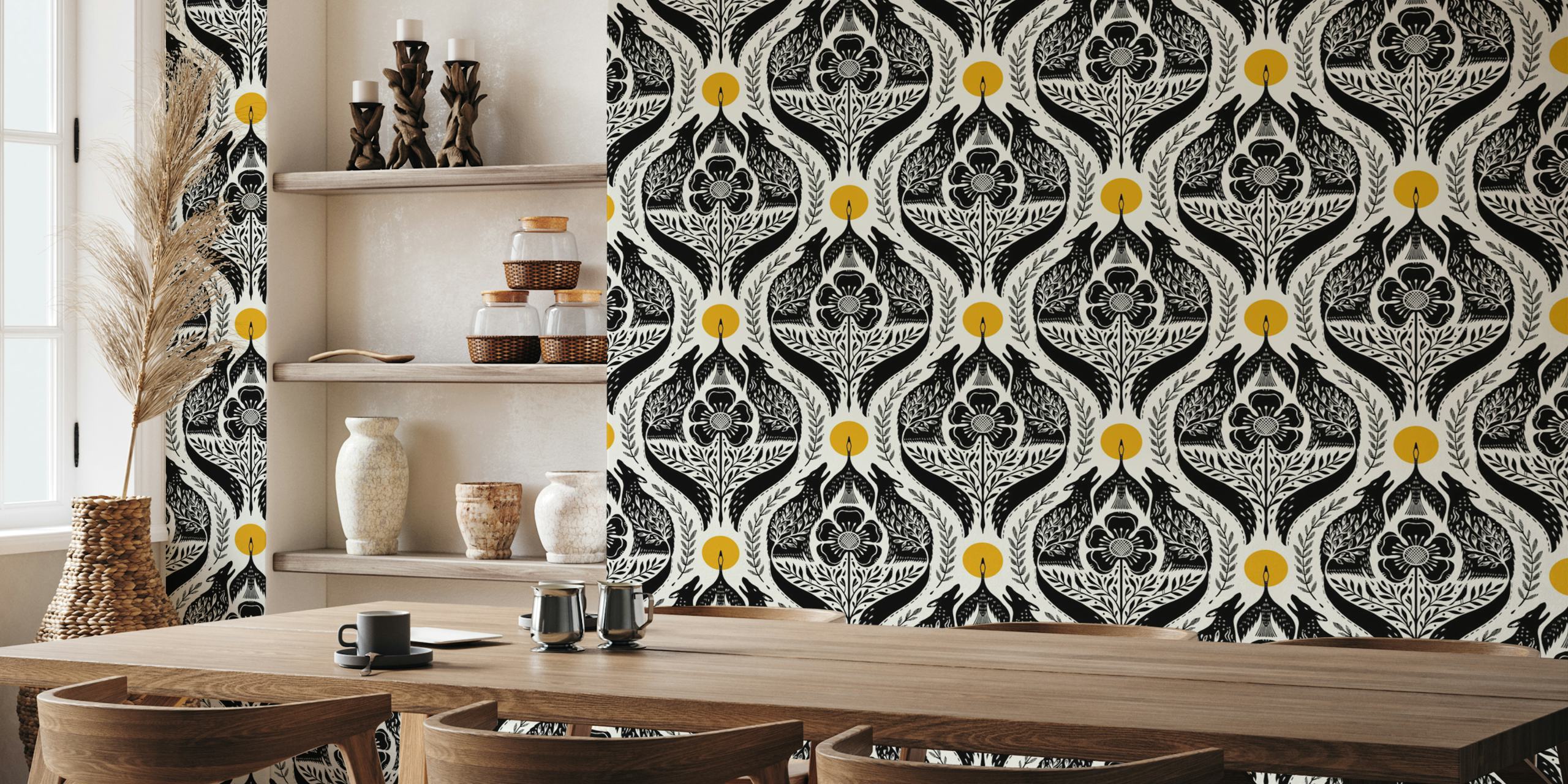 Black and white wolf and floral design wallpaper