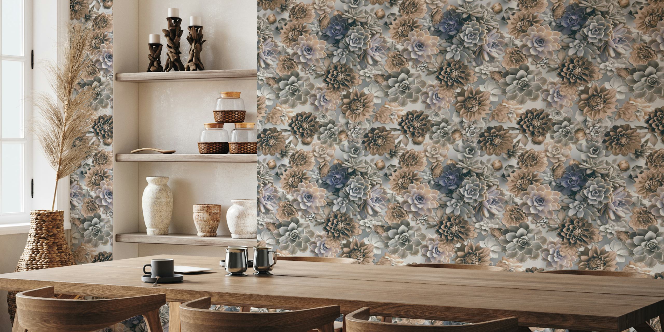 Succulent and flower wallpaper in a room