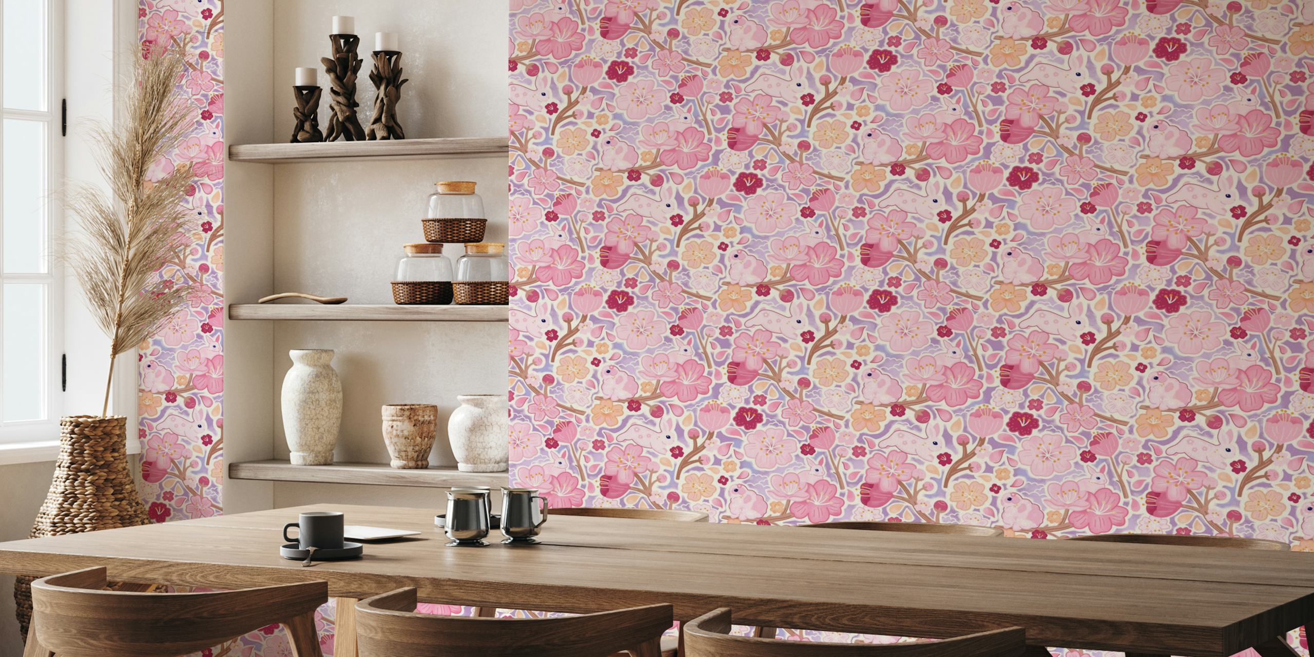 Whimsical cherry blossom and bunny themed wall mural with pastel colors
