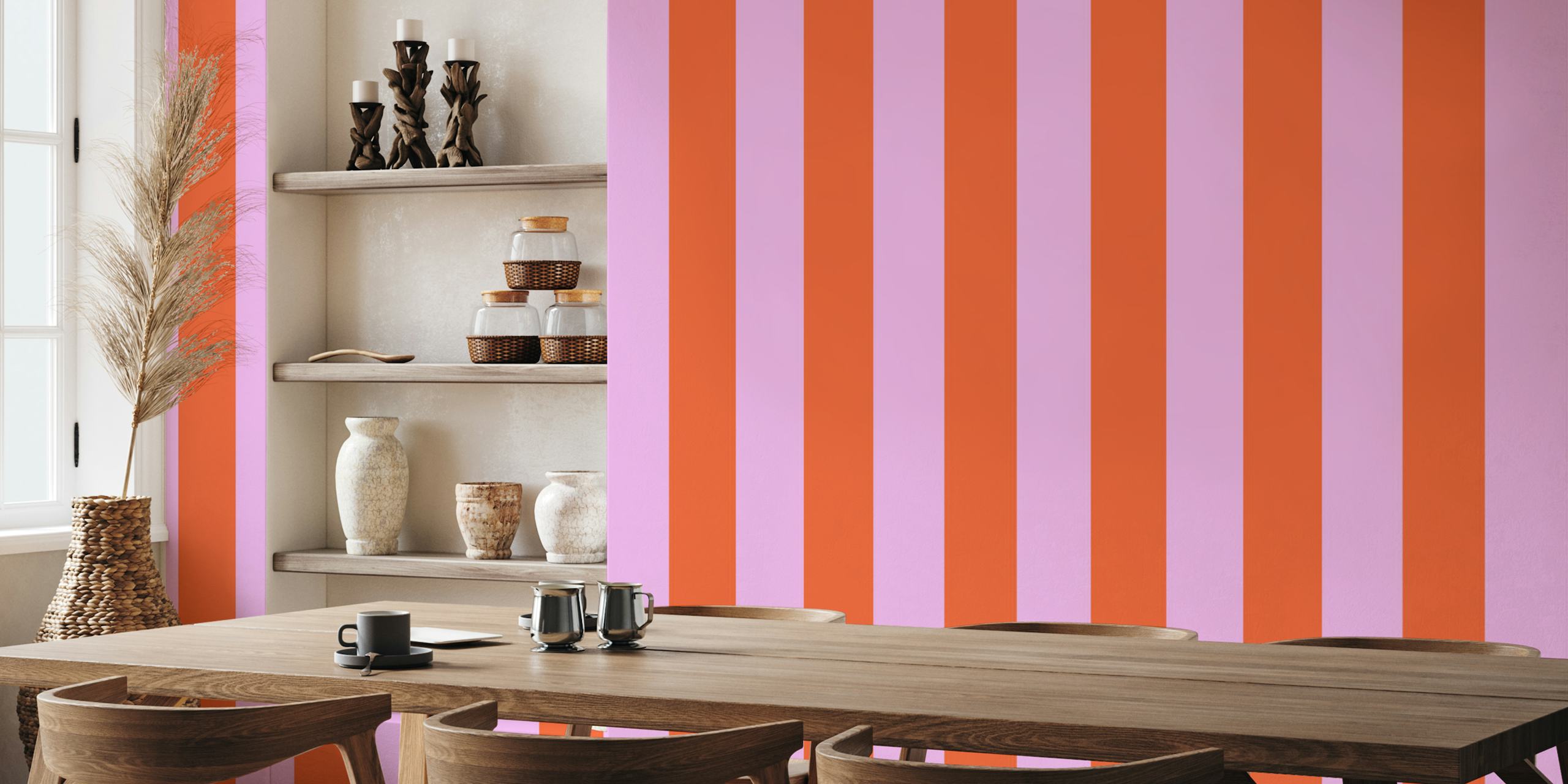 Vintage pink and lavender striped wallpaper in a room