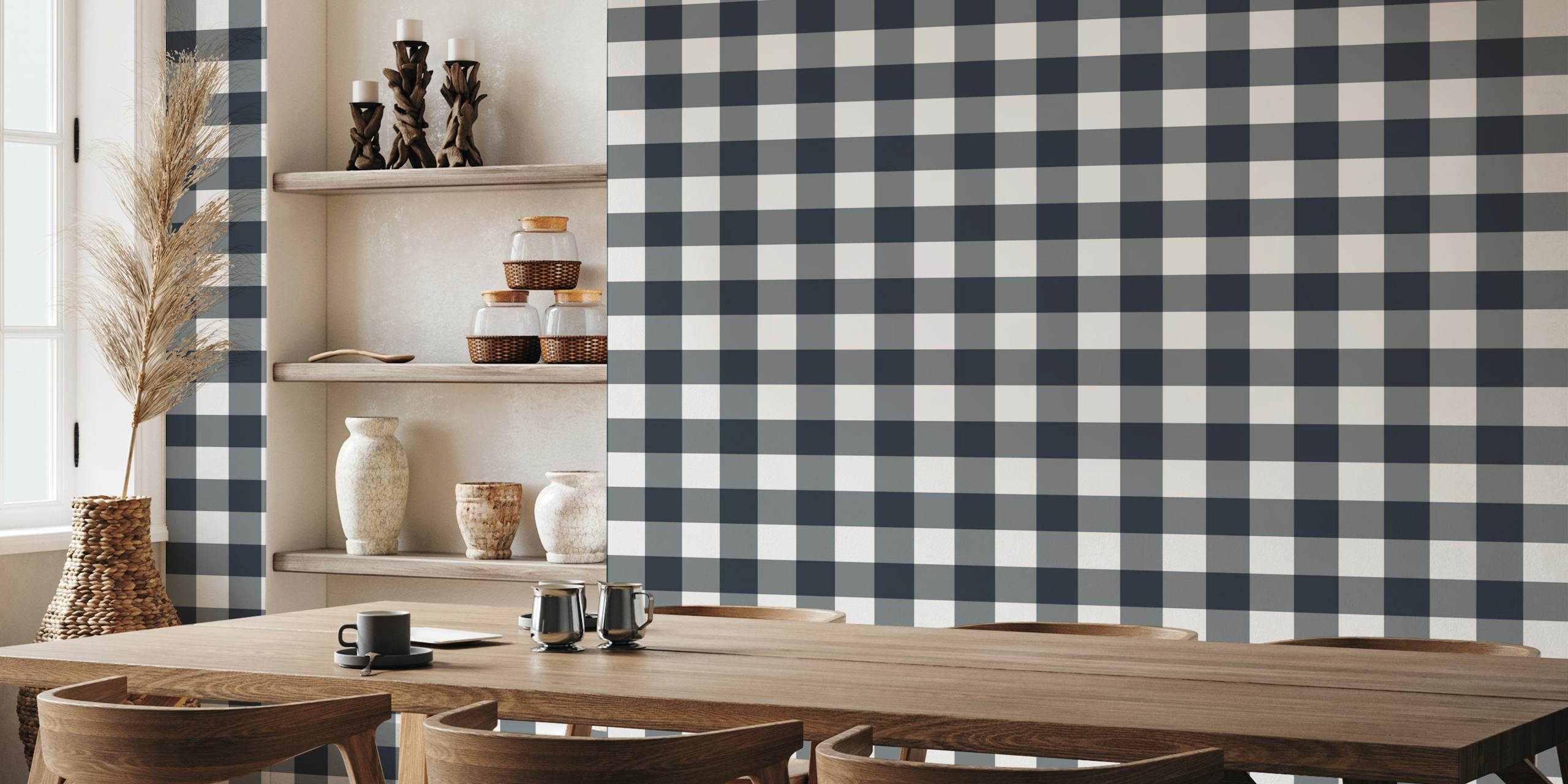 Ταπετσαρία Dark Blueberry Gingham που εμφανίζεται σε ένα δωμάτιο