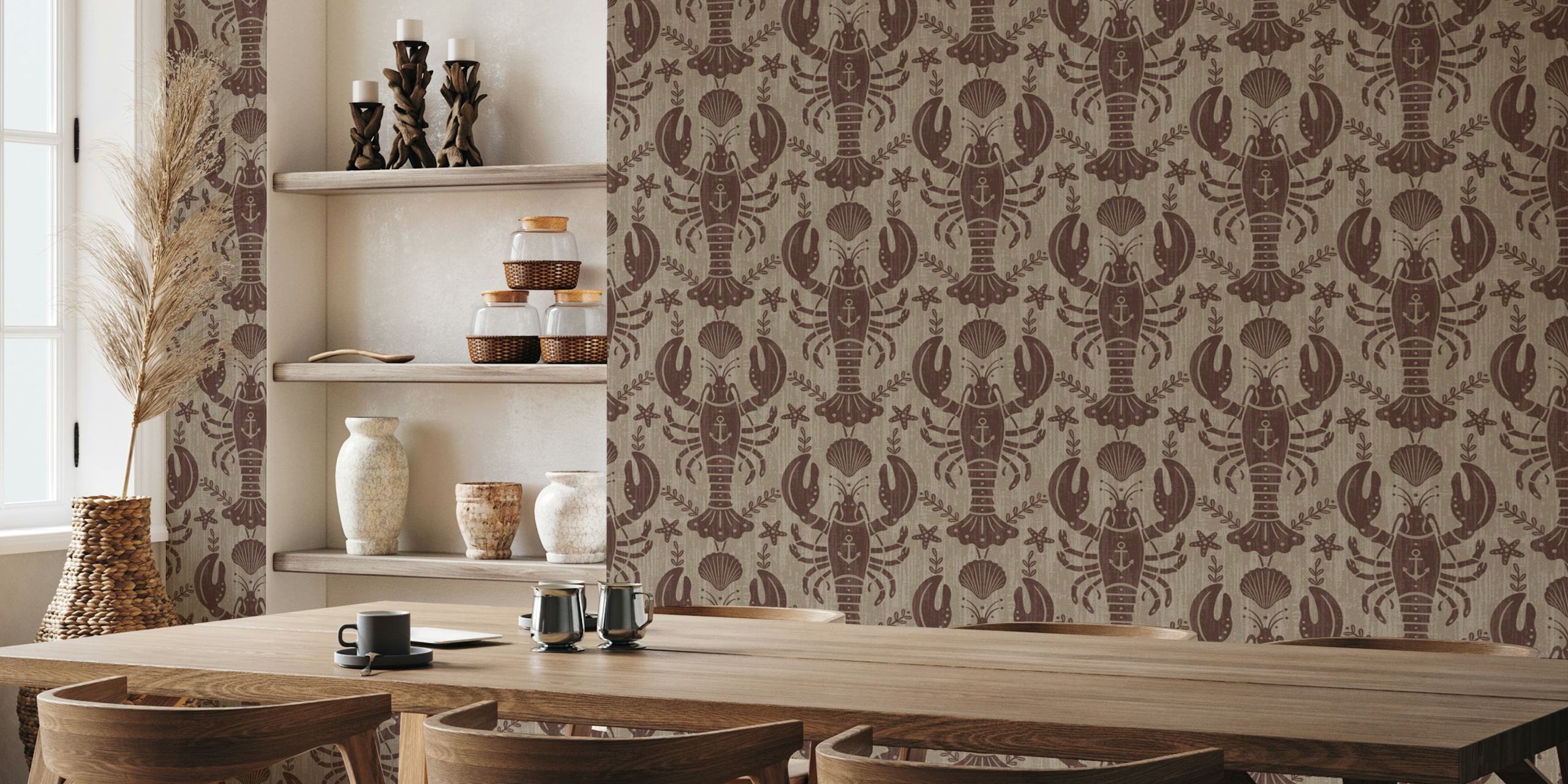 Rustic lobster with anchor wallpaper in a room