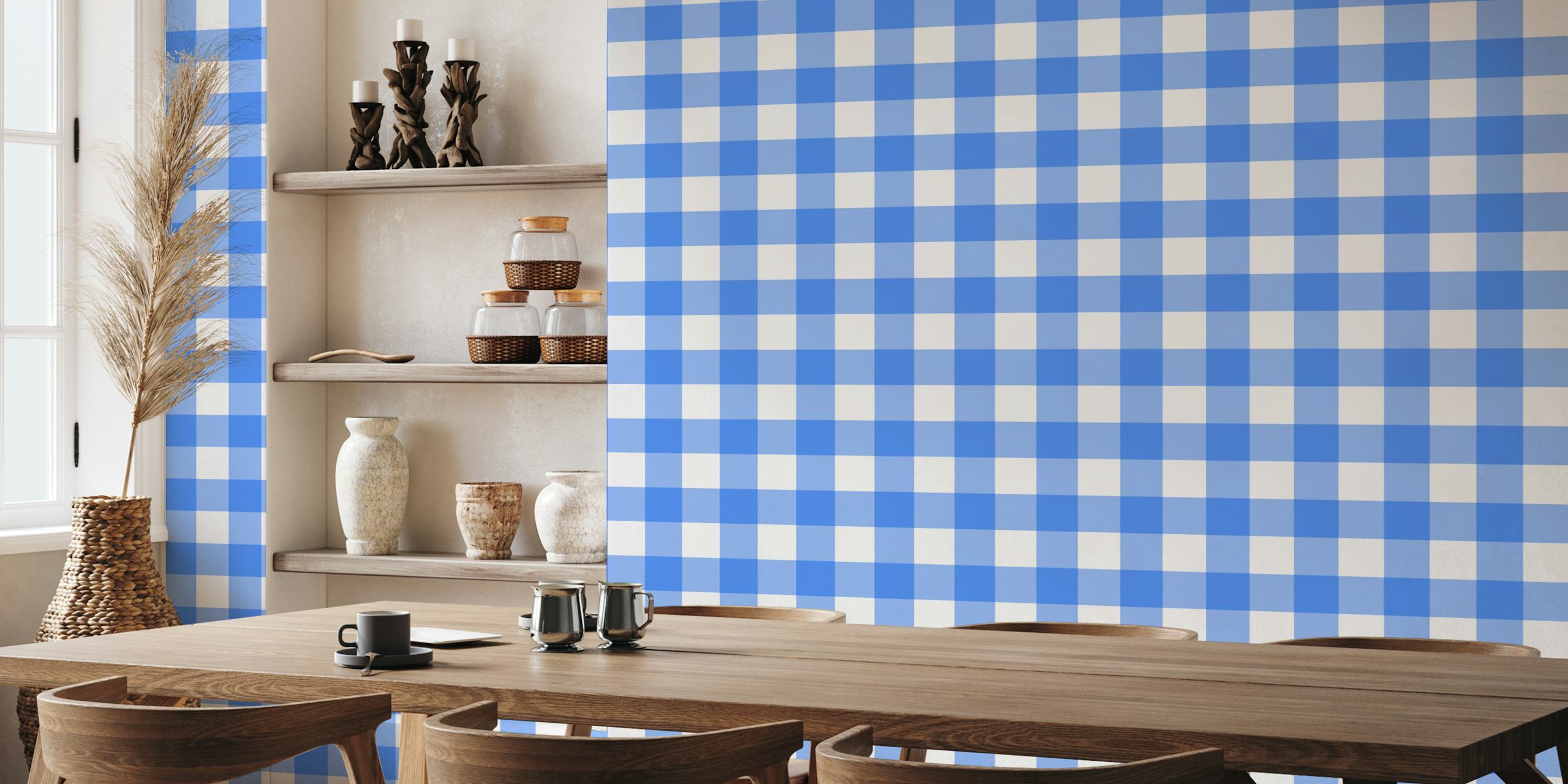 Blue gingham pattern with alternating squares wallpaper