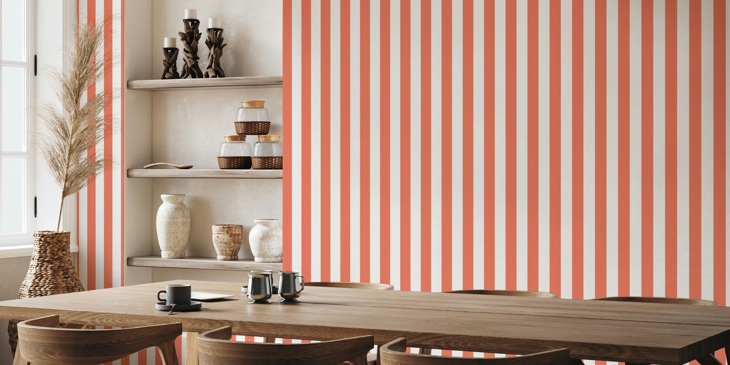 Coral and white vertical striped wall mural