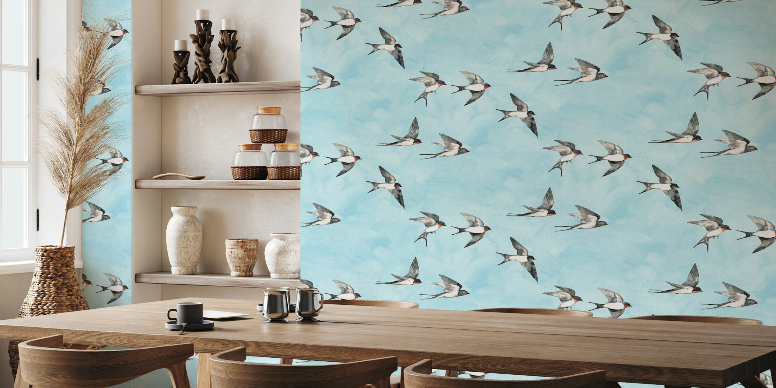 Wallpaper featuring swallows in a blue sky