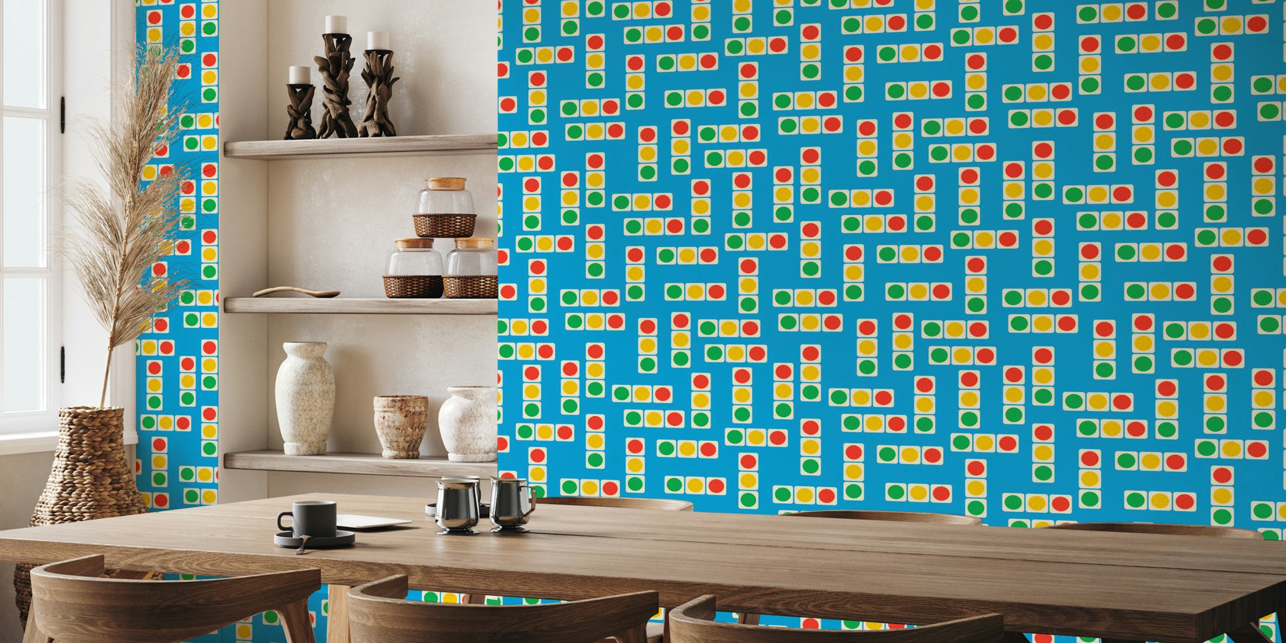 Geometric traffic light pattern in red, yellow, green on blue wallpaper