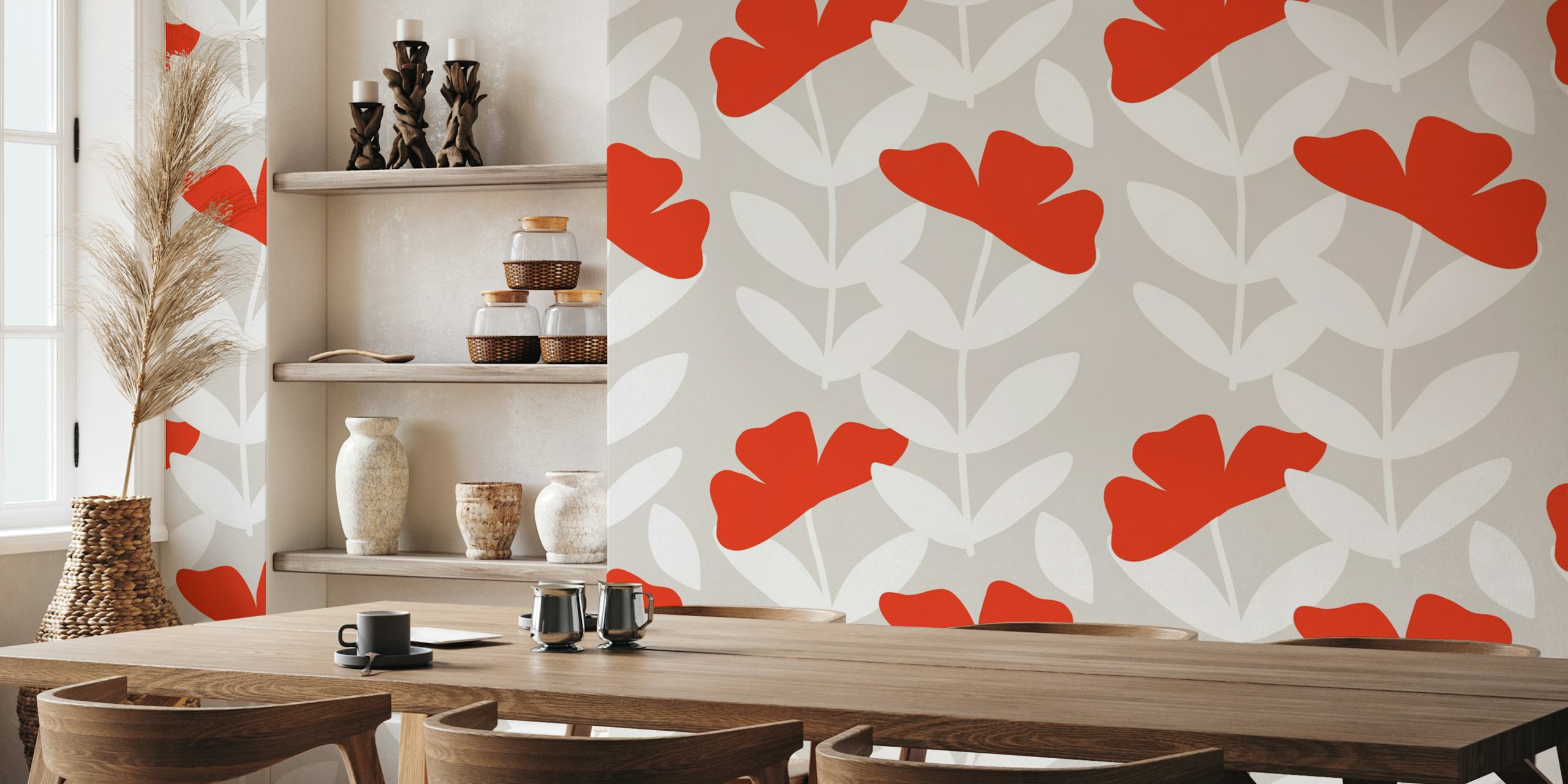 Diseño de papel tapiz floral Red Peony en una habitación