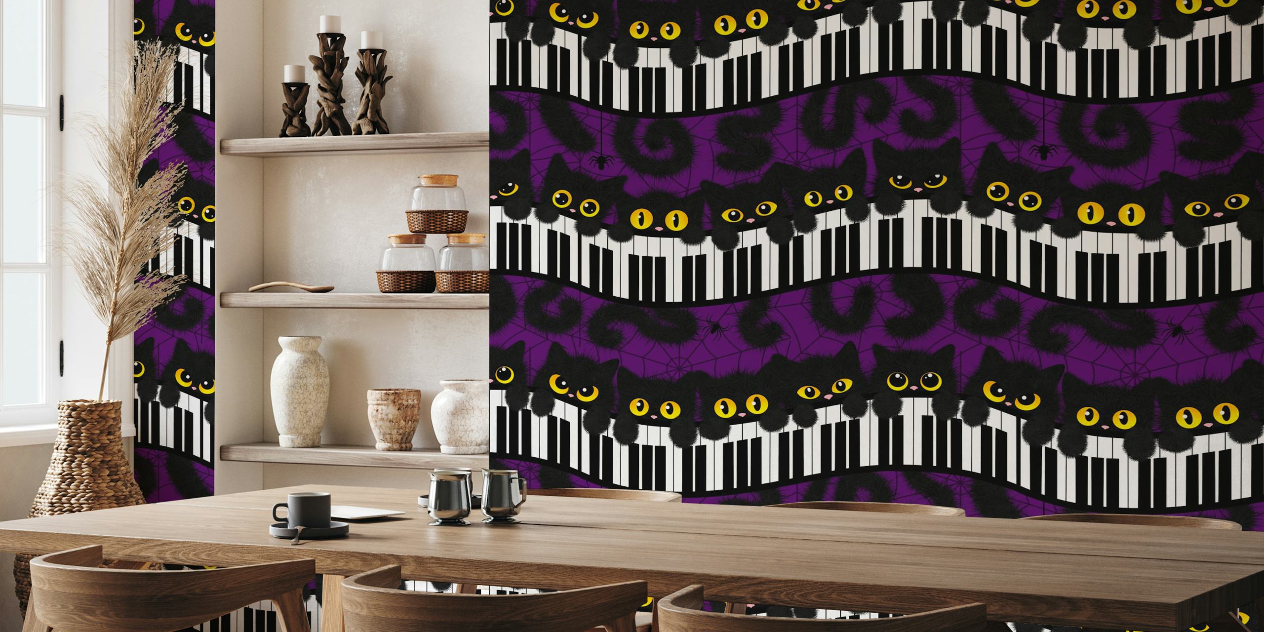Cute Halloween black cats wallpaper in a room