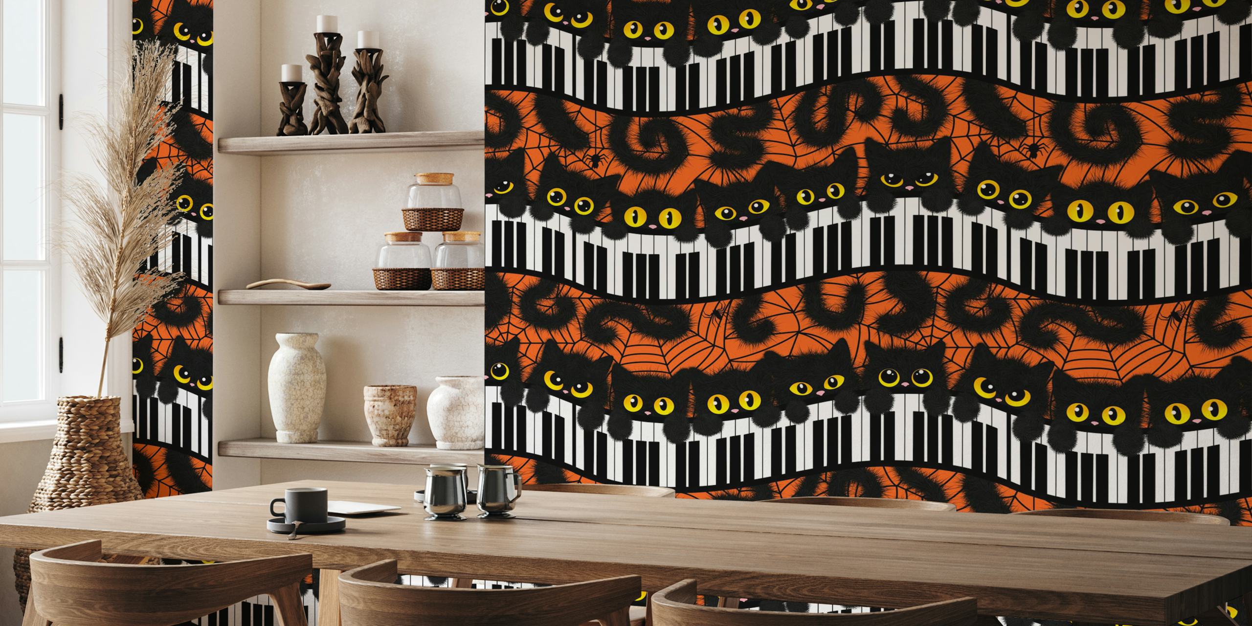 Playful black cats with yellow eyes on orange background wallpaper