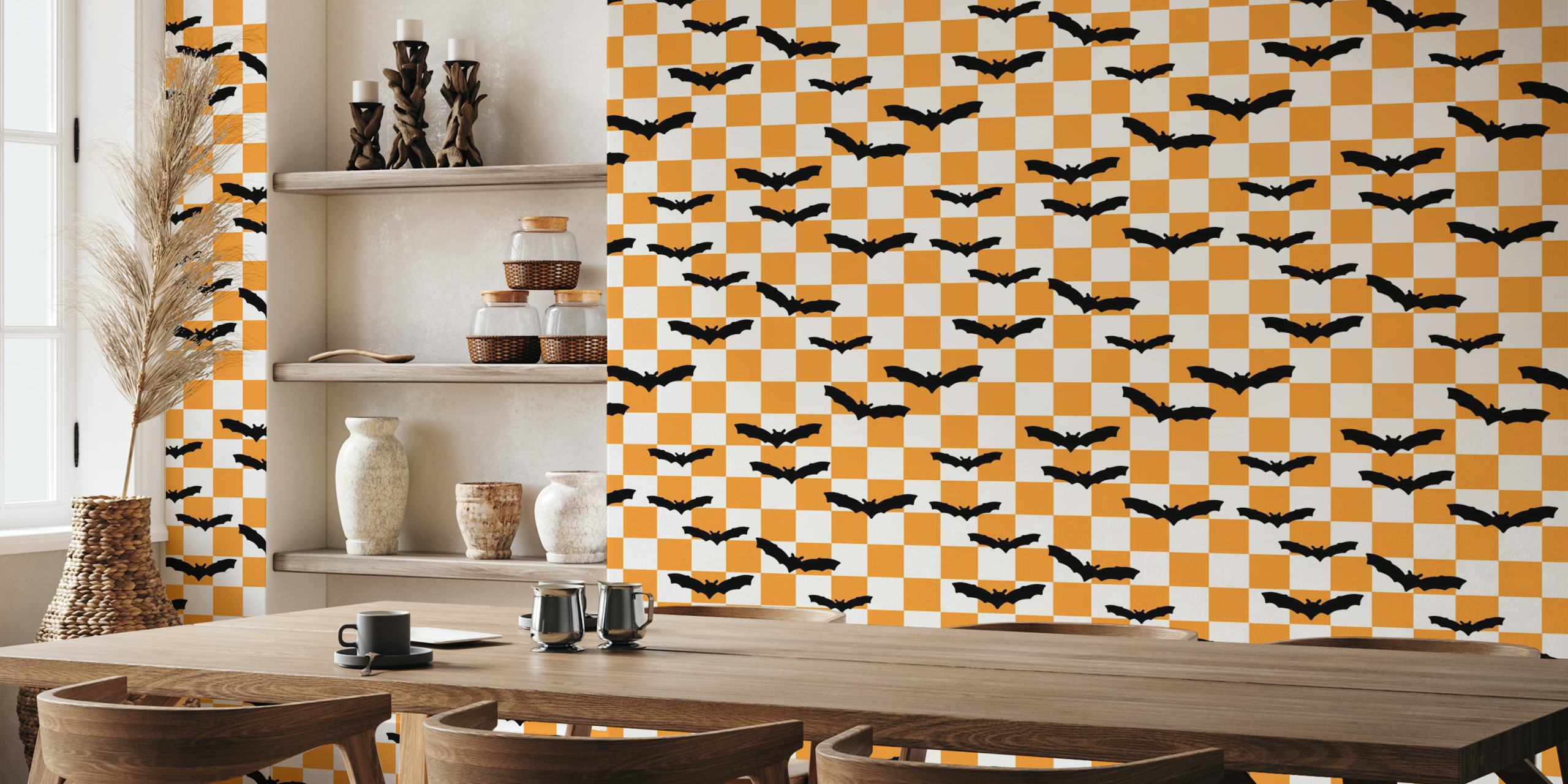 Black bats on an orange and white checkerboard wallpaper