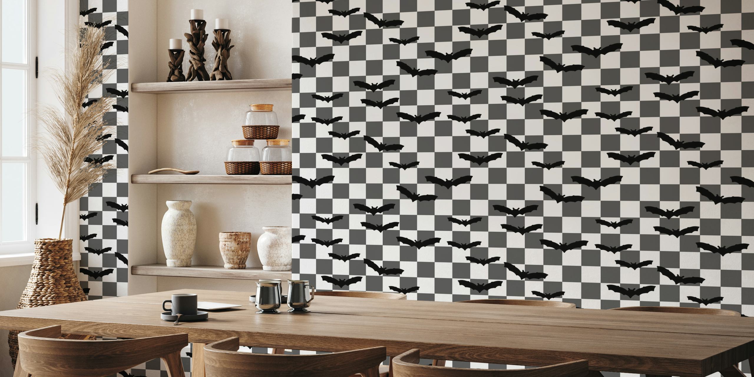Black bats on grey checkerboard wallpaper design