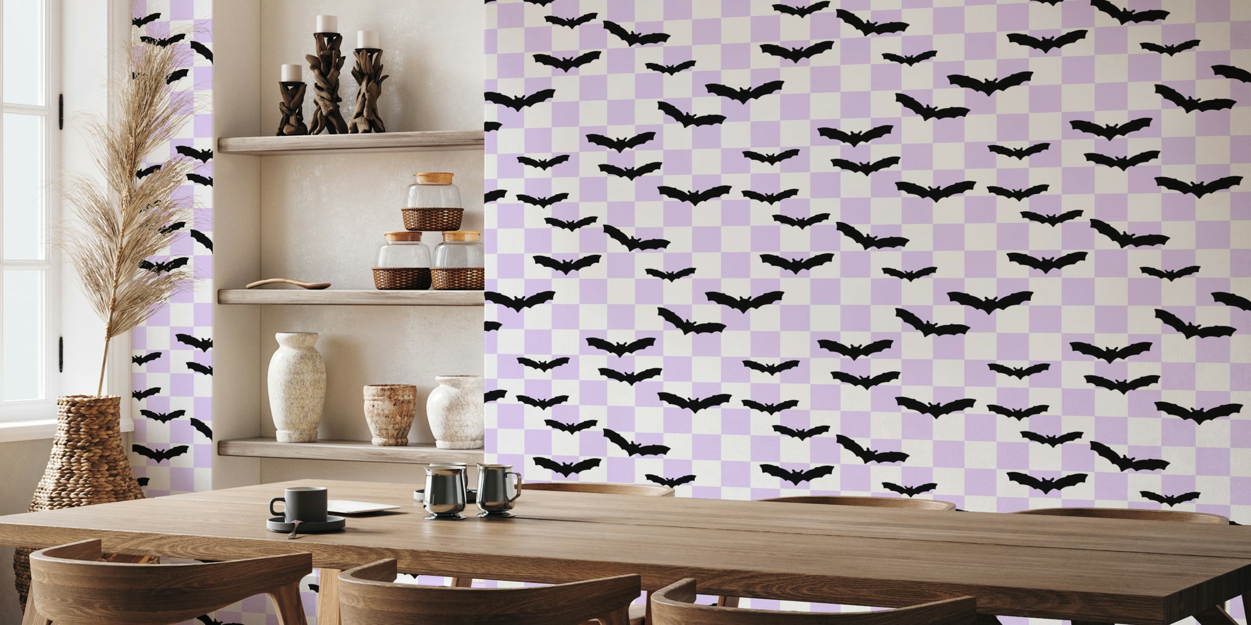 Black bats on purple and white checkerboard wallpaper