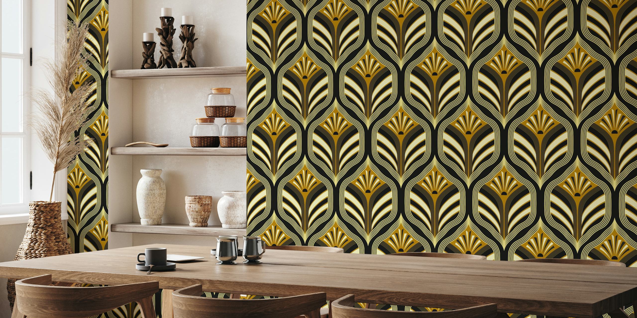 Art deco wallpaper with black and gold geometric patterns