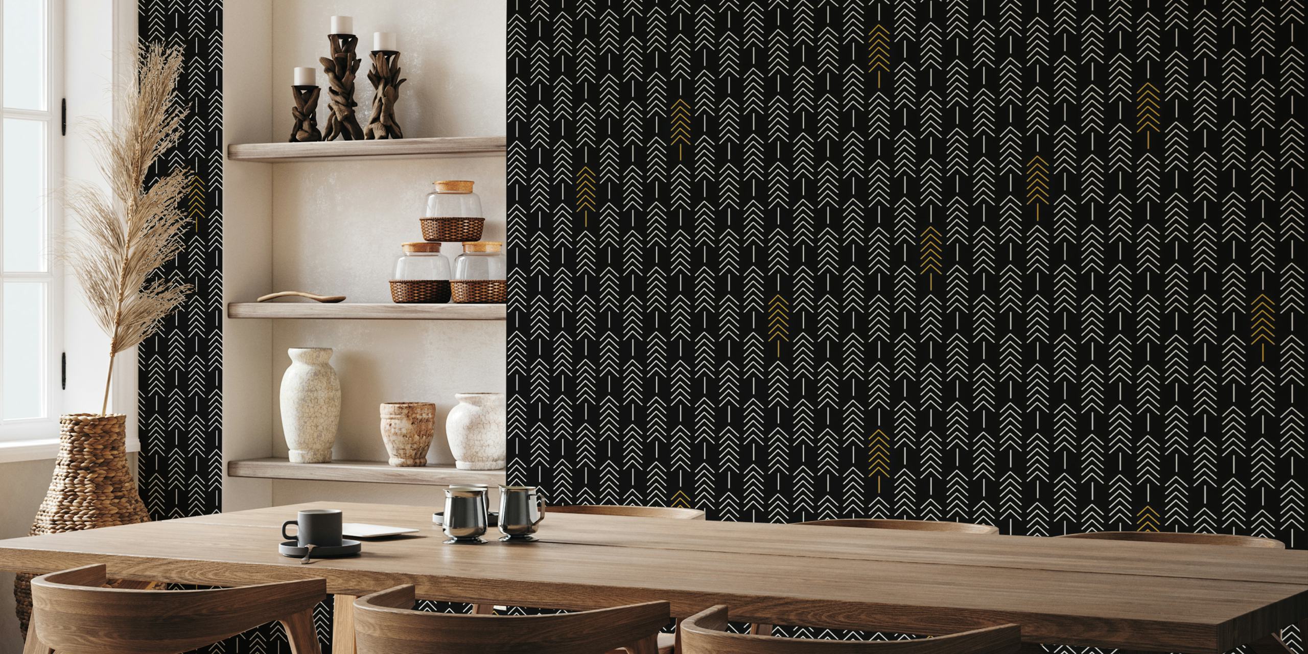 Geometric black forest tapetti huoneessa