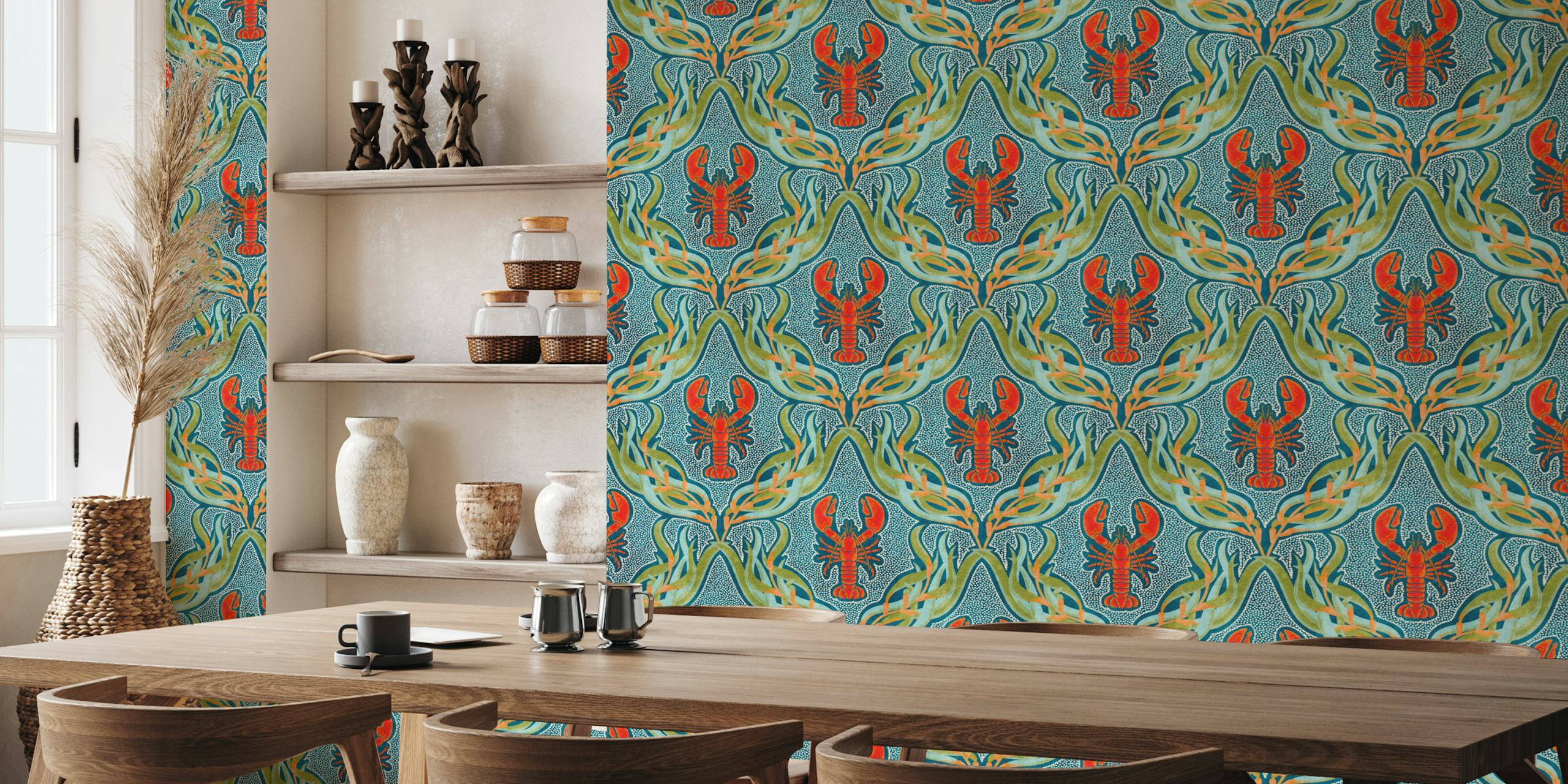 Lobster and seaweed pattern in teal and orange wallpaper