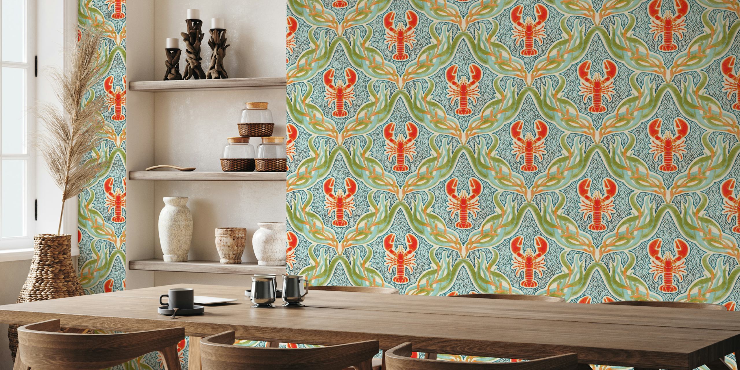 Lobster damask wallpaper in a room setting
