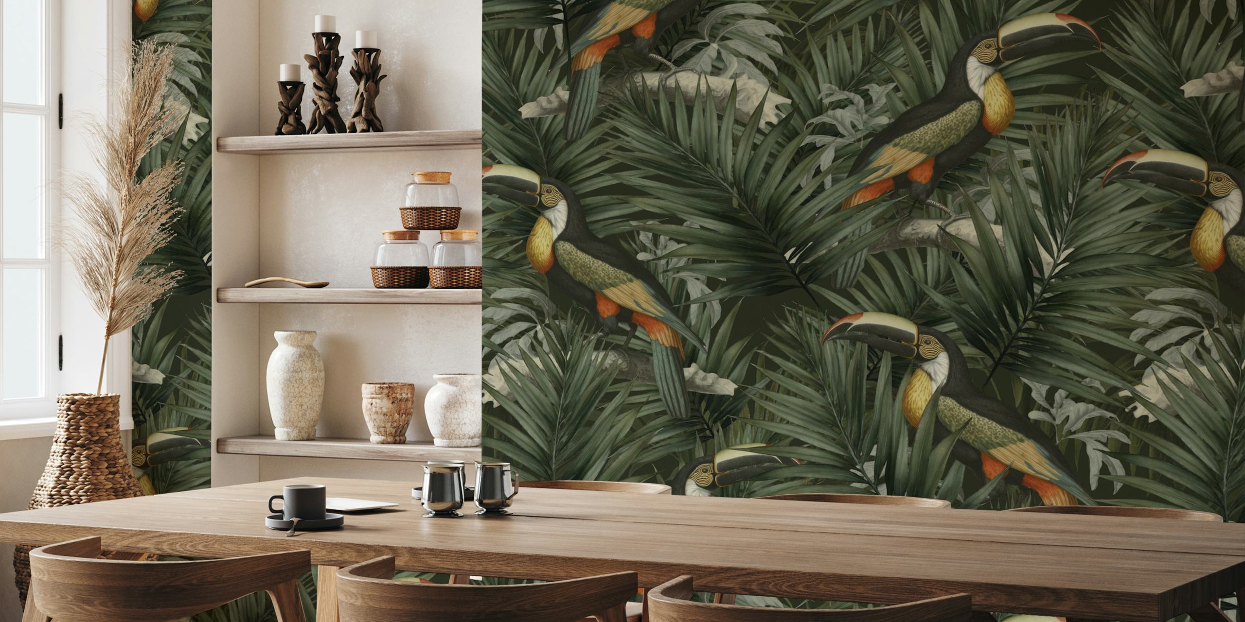 Toucans and tropical foliage wall mural for an exotic interior touch