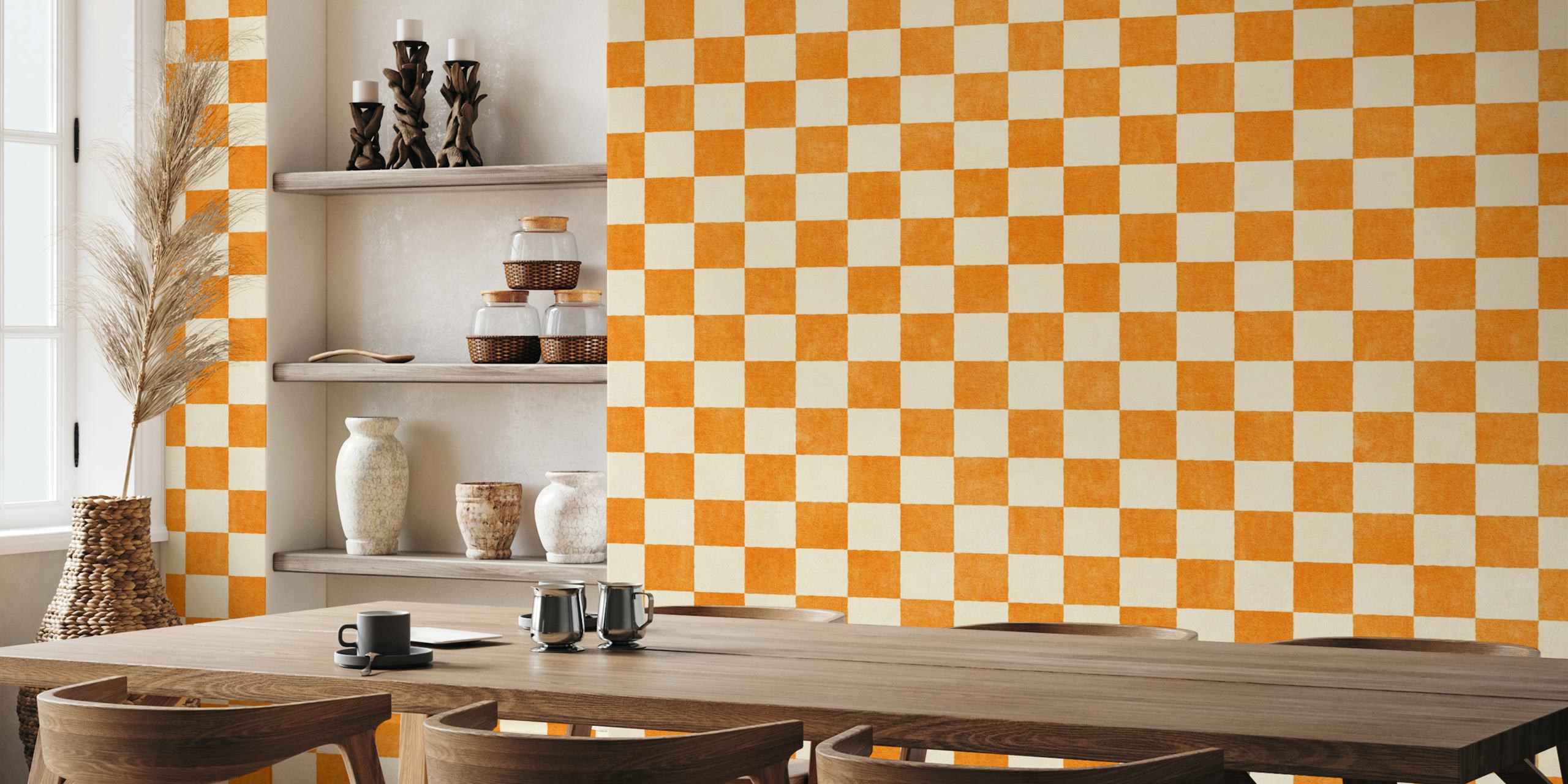 Papel De Parede Laranja E Creme Checker Em Um Quarto