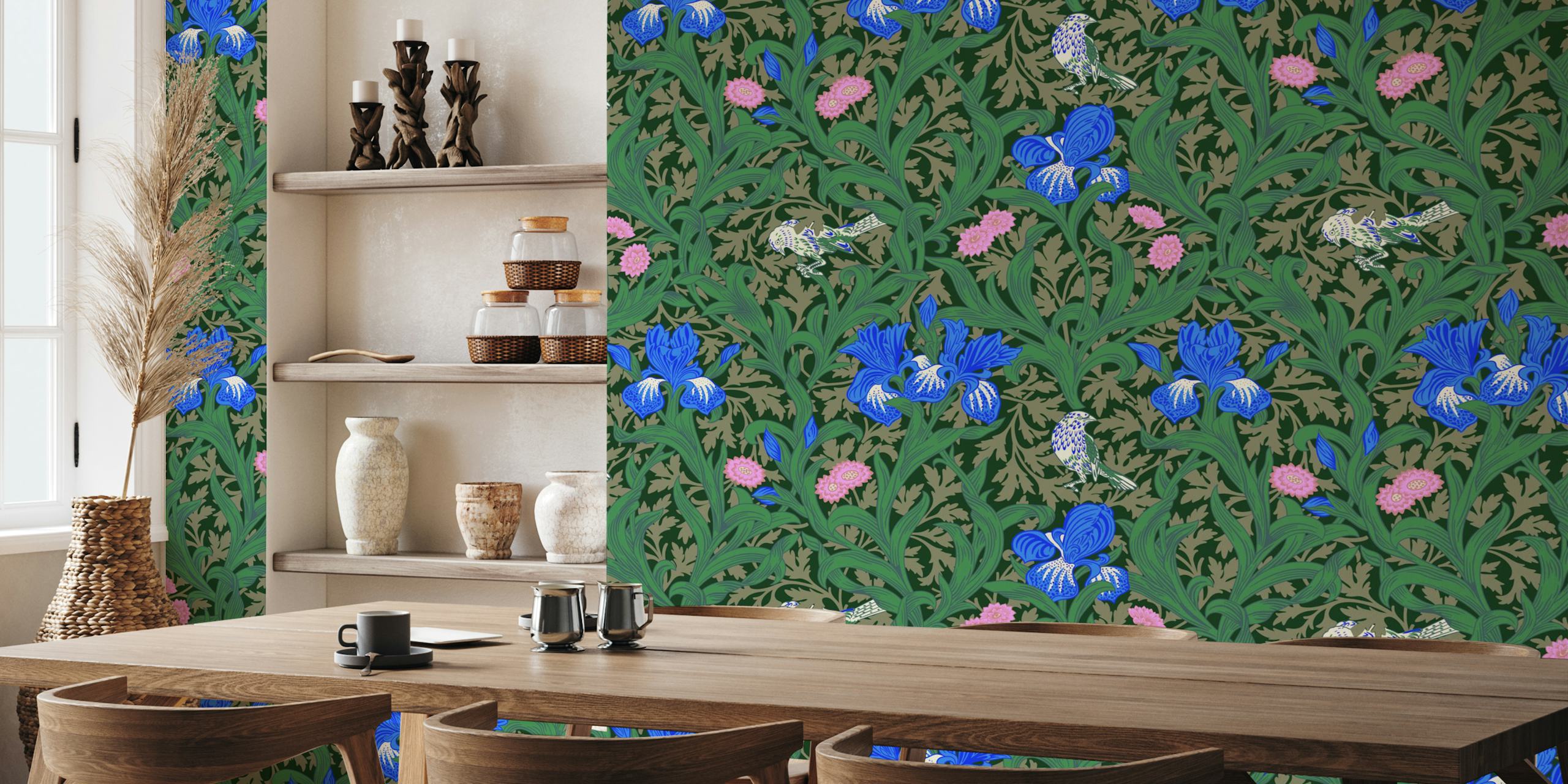 Blue irises and white birds with green foliage wallpaper